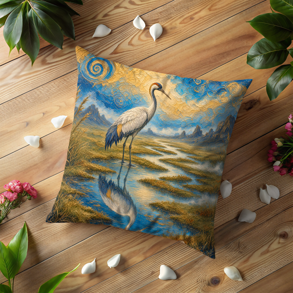 Crane River Reflection Starry Sky Pillow Cover | Artistic Wildlife Art | Elegant Nature Decor