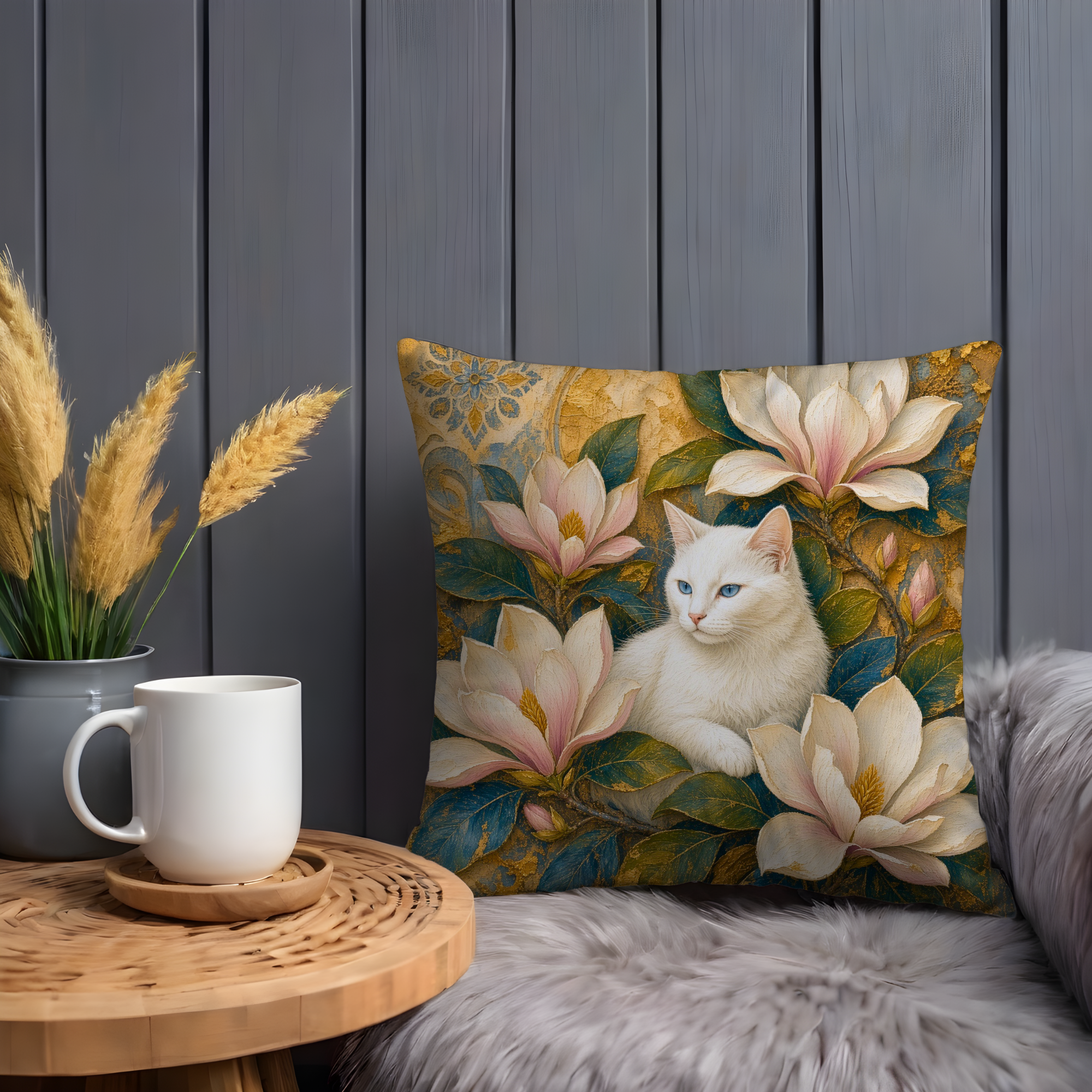 White Cat Magnolia Blossoms Golden Pillow Cover | Elegant Floral Art | Soft Botanical Decor