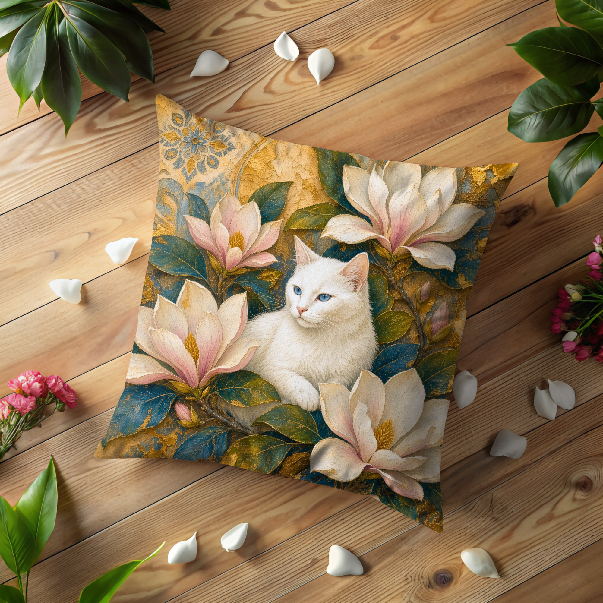 White Cat Magnolia Blossoms Golden Pillow Cover | Elegant Floral Art | Soft Botanical Decor