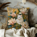 White Cat Magnolia Blossoms Golden Pillow Cover | Elegant Floral Art | Soft Botanical Decor
