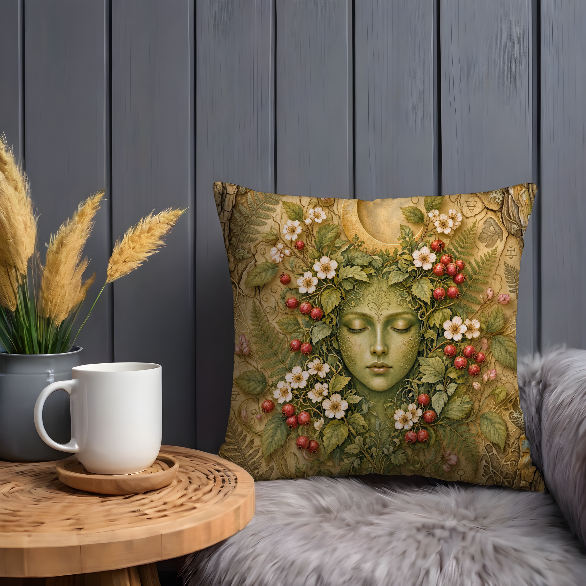 Green Woman Crescent Moon Berry Foliage Pillow Cover | Pagan Nature Goddess Art | Celtic Earth Spirit Decor
