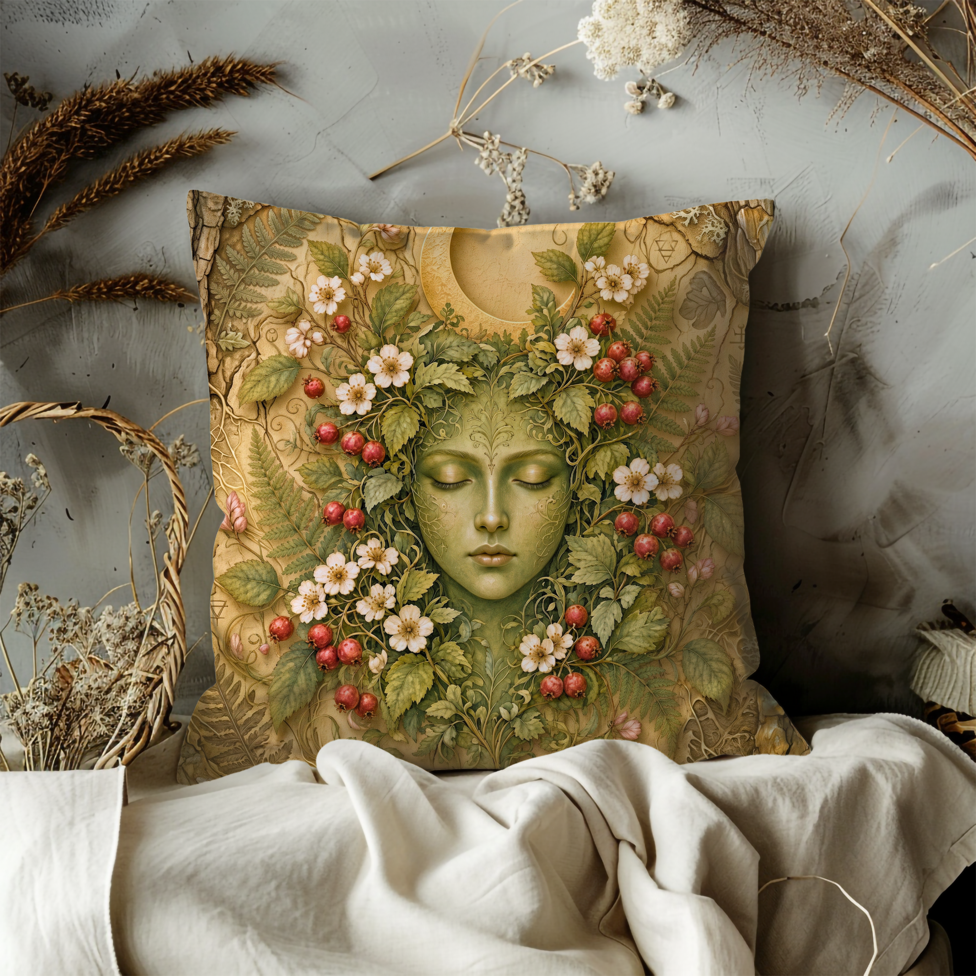 Green Woman Crescent Moon Berry Foliage Pillow Cover | Pagan Nature Goddess Art | Celtic Earth Spirit Decor