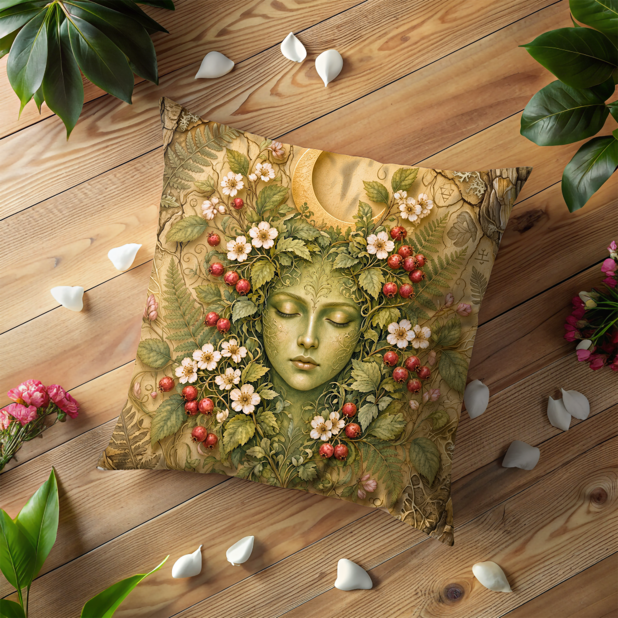 Green Woman Crescent Moon Berry Foliage Pillow Cover | Pagan Nature Goddess Art | Celtic Earth Spirit Decor