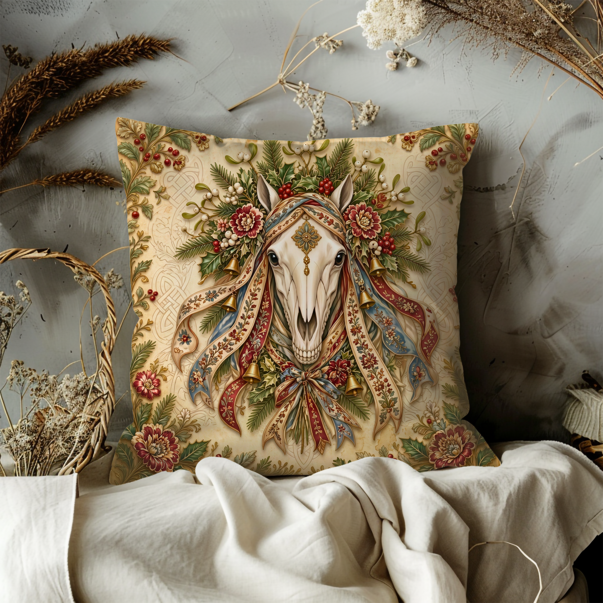 Mari Lwyd Horse Skull Holly Bells Pillow Cover | Pagan Yule Art | Welsh Winter Tradition Decor
