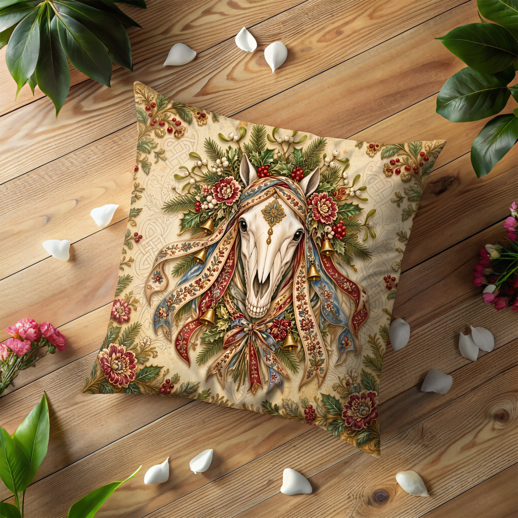Mari Lwyd Horse Skull Holly Bells Pillow Cover | Pagan Yule Art | Welsh Winter Tradition Decor