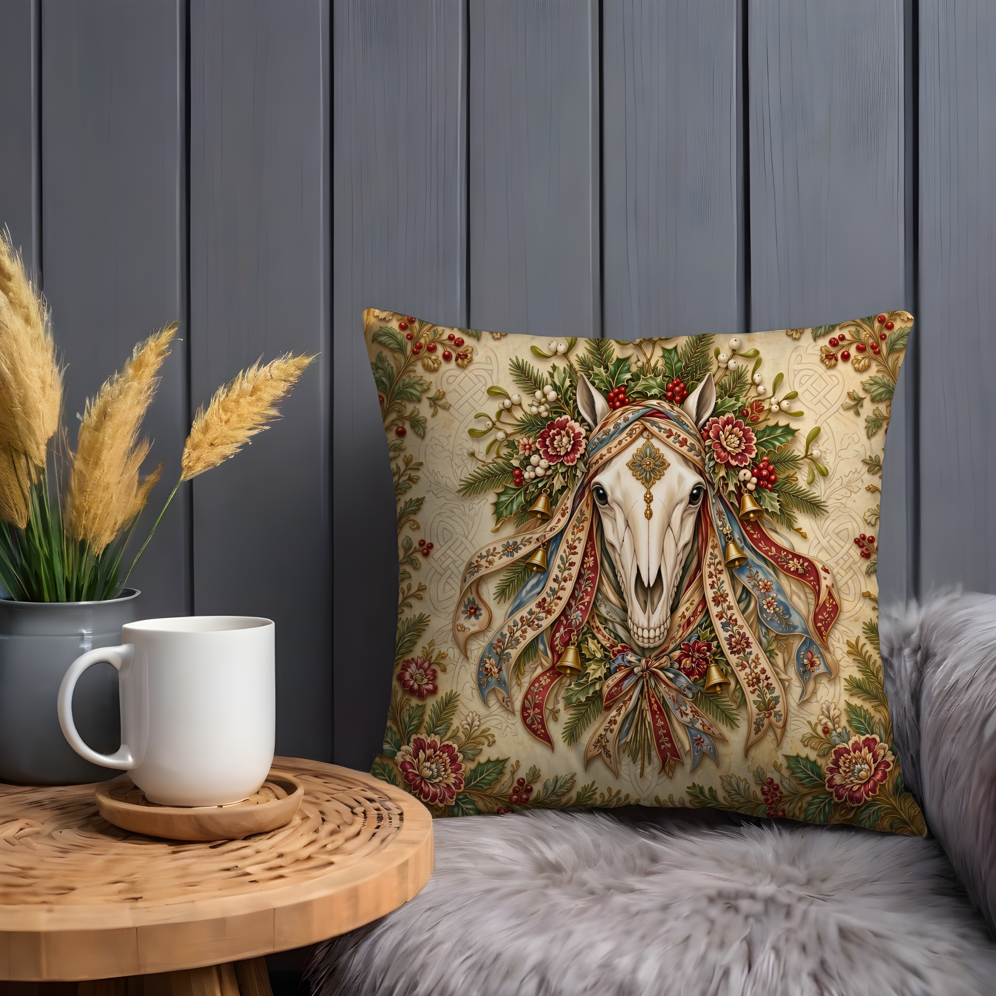 Mari Lwyd Horse Skull Holly Bells Pillow Cover | Pagan Yule Art | Welsh Winter Tradition Decor