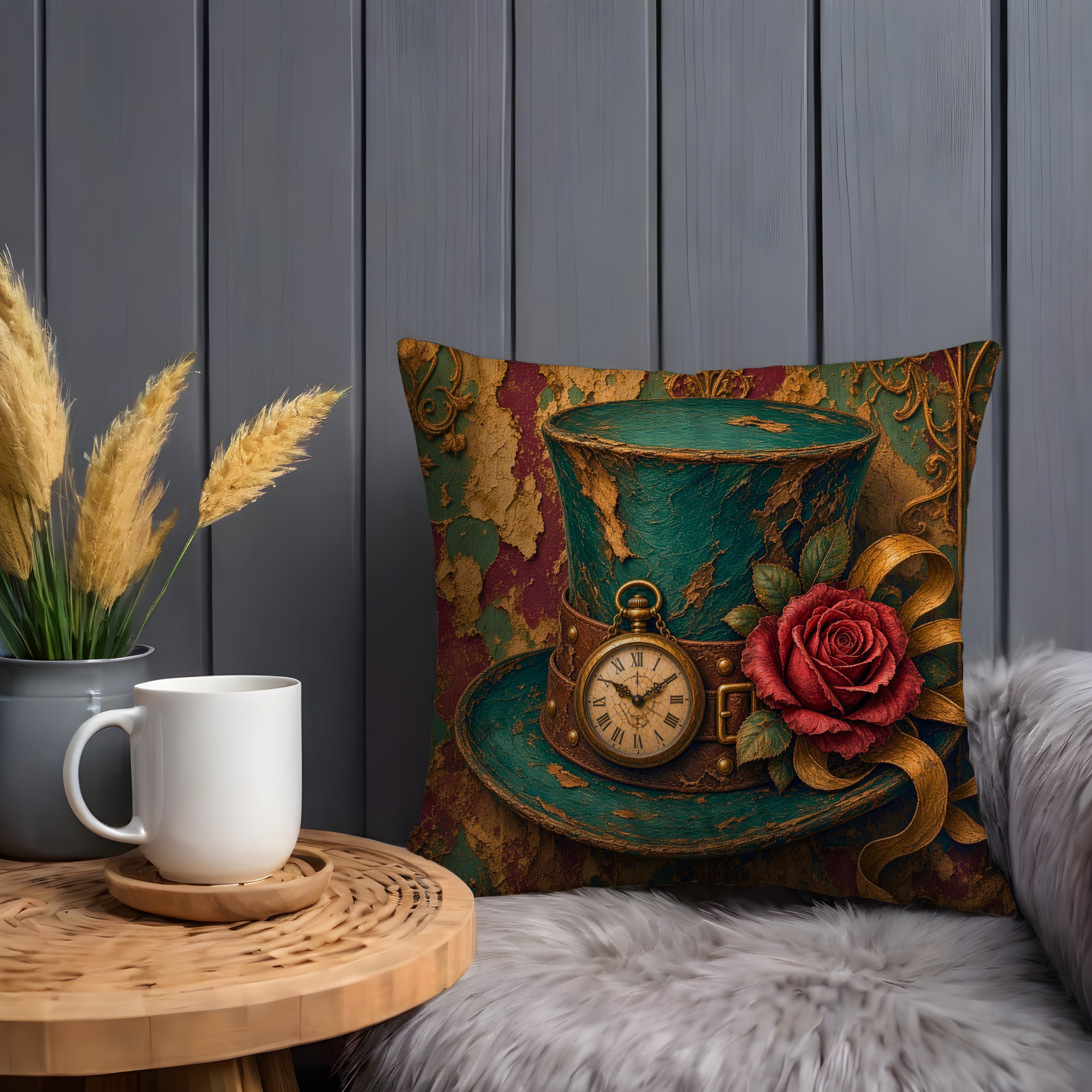 Mad Hatter Teal Top Hat Pocket Watch Rose Pillow Cover | Alice in Wonderland Art | Vintage Fantasy Decor