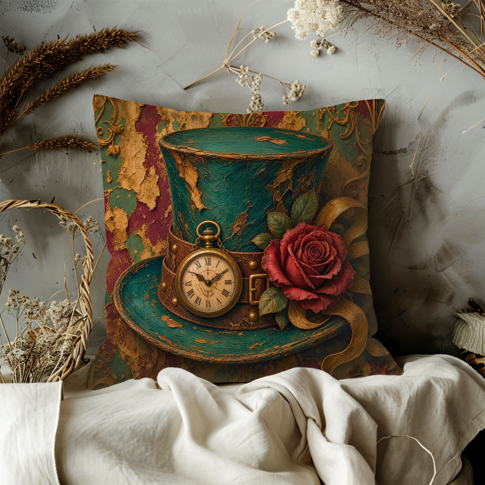 Mad Hatter Teal Top Hat Pocket Watch Rose Pillow Cover | Alice in Wonderland Art | Vintage Fantasy Decor
