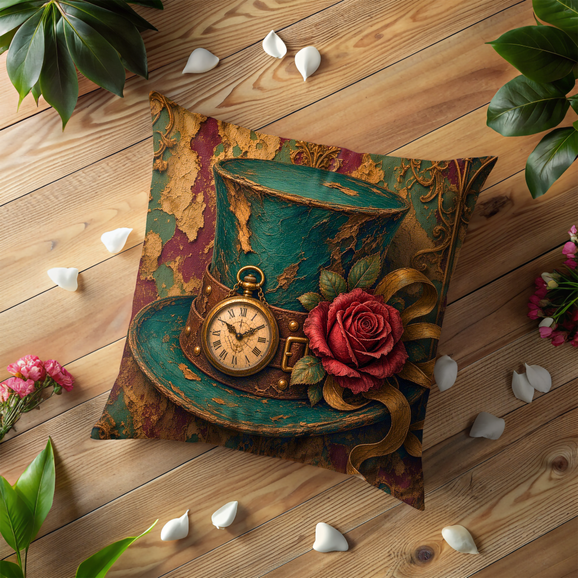 Mad Hatter Teal Top Hat Pocket Watch Rose Pillow Cover | Alice in Wonderland Art | Vintage Fantasy Decor