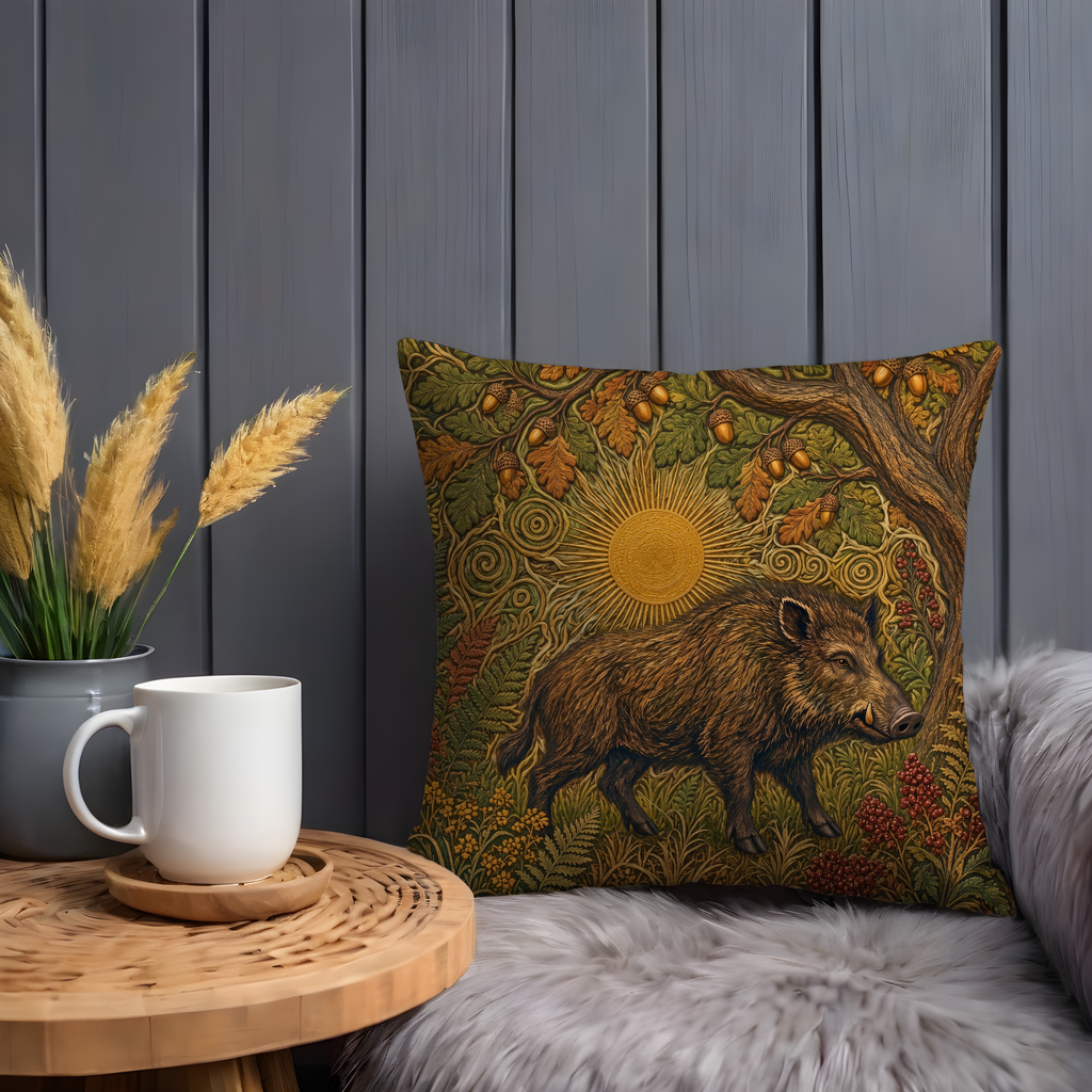 Celtic Wild Boar Golden Sun Oak Pillow Cover | Pagan Forest Art | Sacred Boar Decor