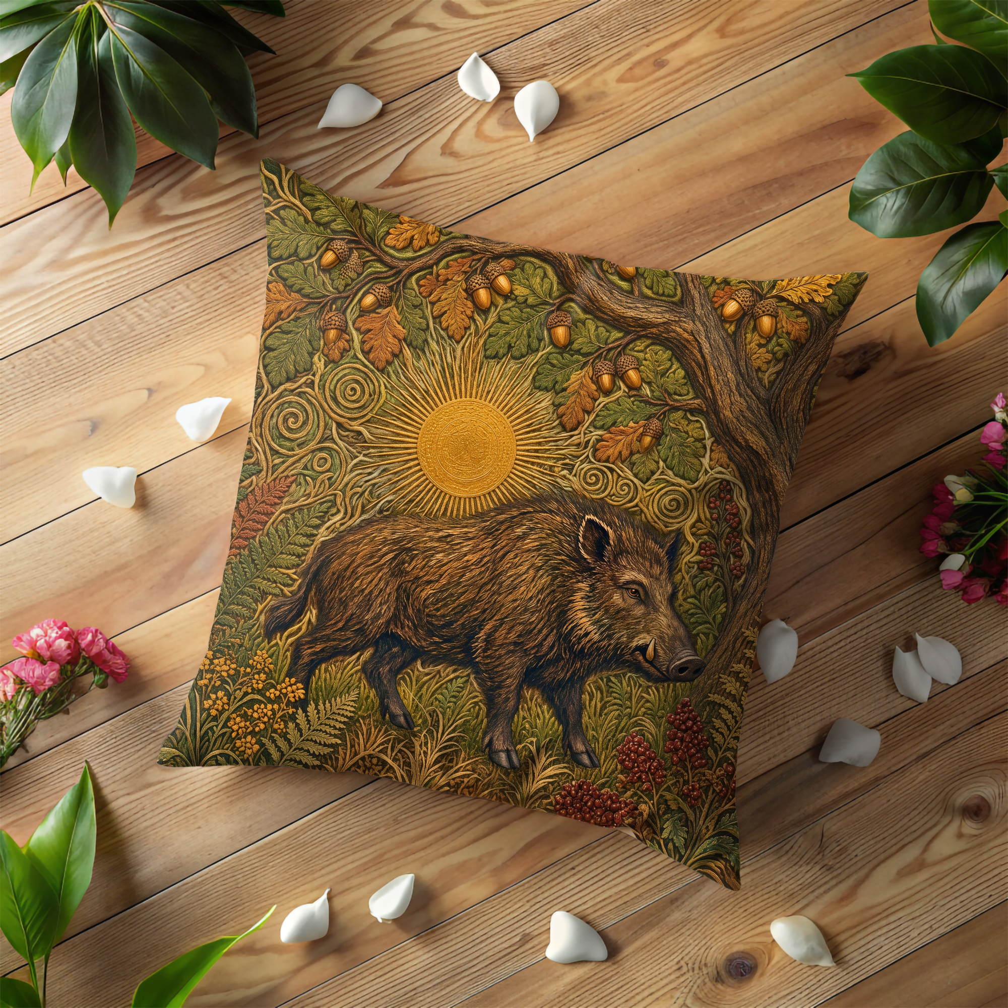 Celtic Wild Boar Golden Sun Oak Pillow Cover | Pagan Forest Art | Sacred Boar Decor