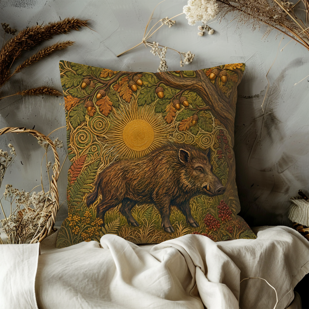 Celtic Wild Boar Golden Sun Oak Pillow Cover | Pagan Forest Art | Sacred Boar Decor