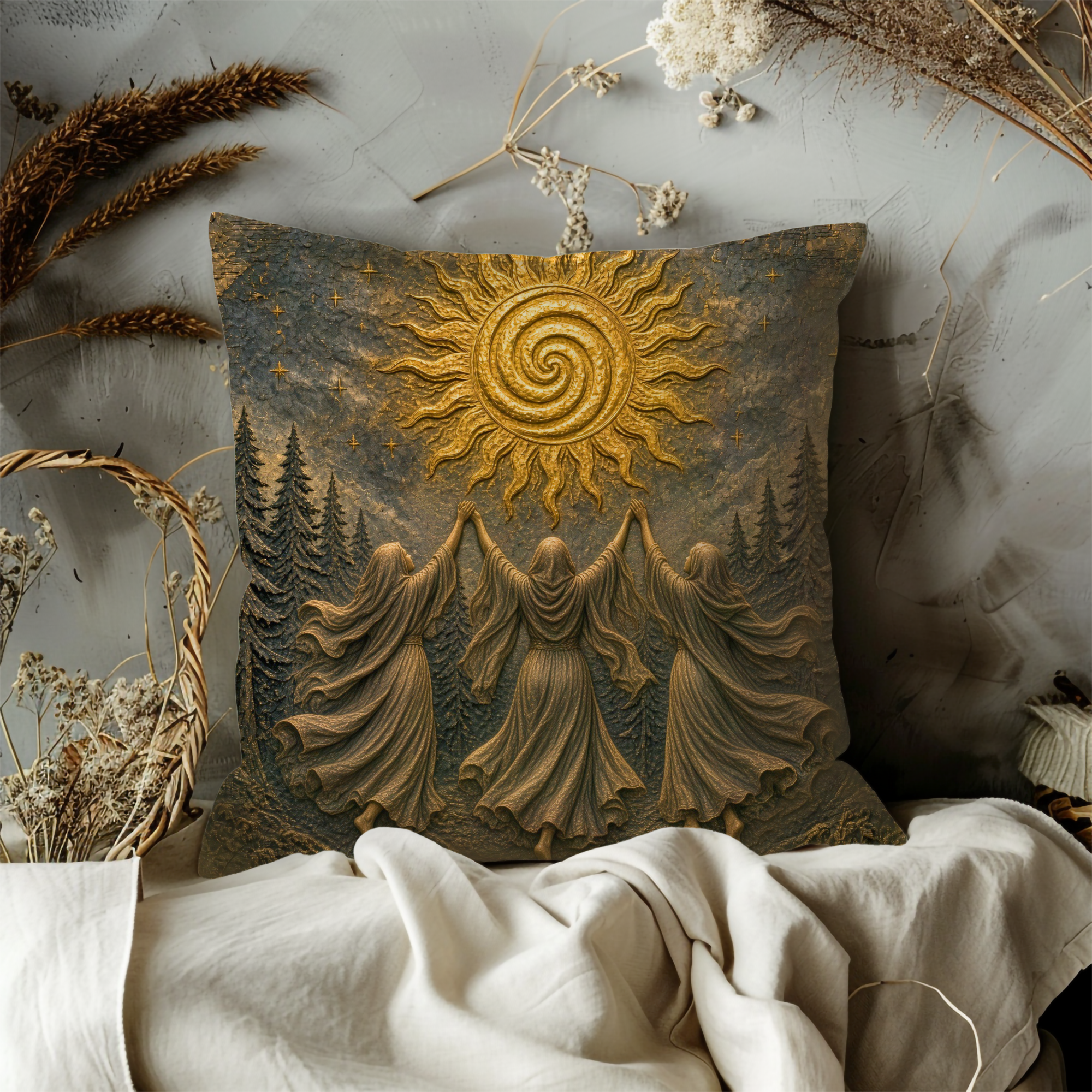 Three Sisters Spiral Sun Ritual Pillow Cover | Pagan Solstice Art | Celtic Sacred Feminine Decor