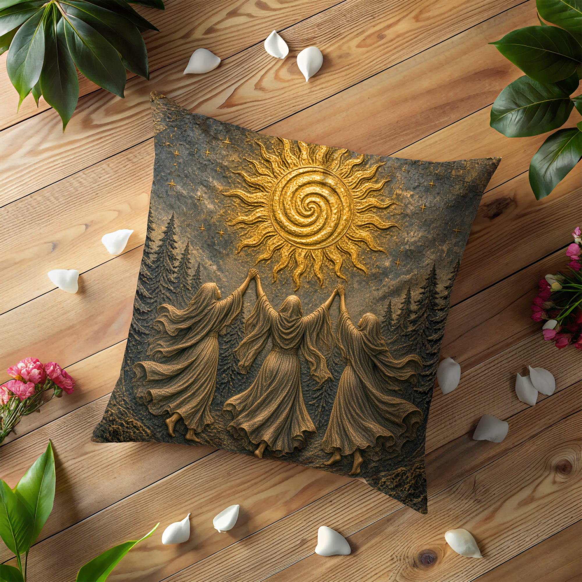 Three Sisters Spiral Sun Ritual Pillow Cover | Pagan Solstice Art | Celtic Sacred Feminine Decor