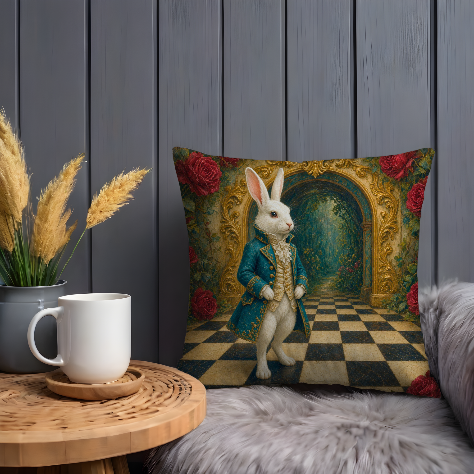 White Rabbit Blue Coat Golden Arch Pillow Cover | Alice in Wonderland Art | Classic Fantasy Decor