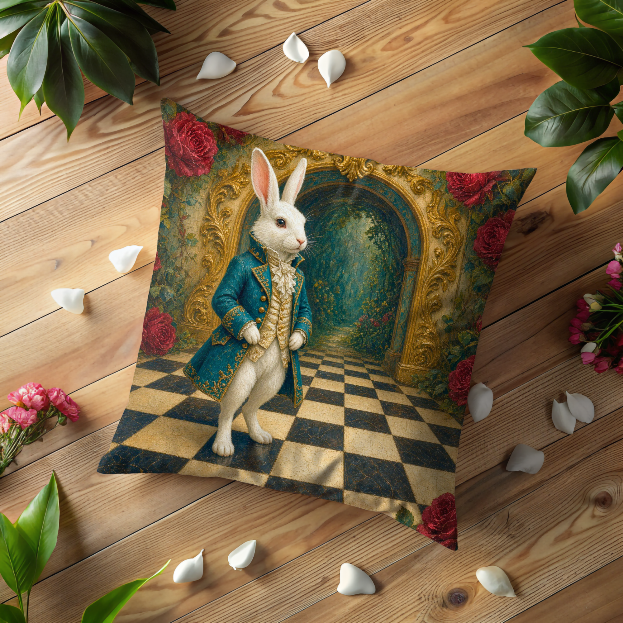 White Rabbit Blue Coat Golden Arch Pillow Cover | Alice in Wonderland Art | Classic Fantasy Decor