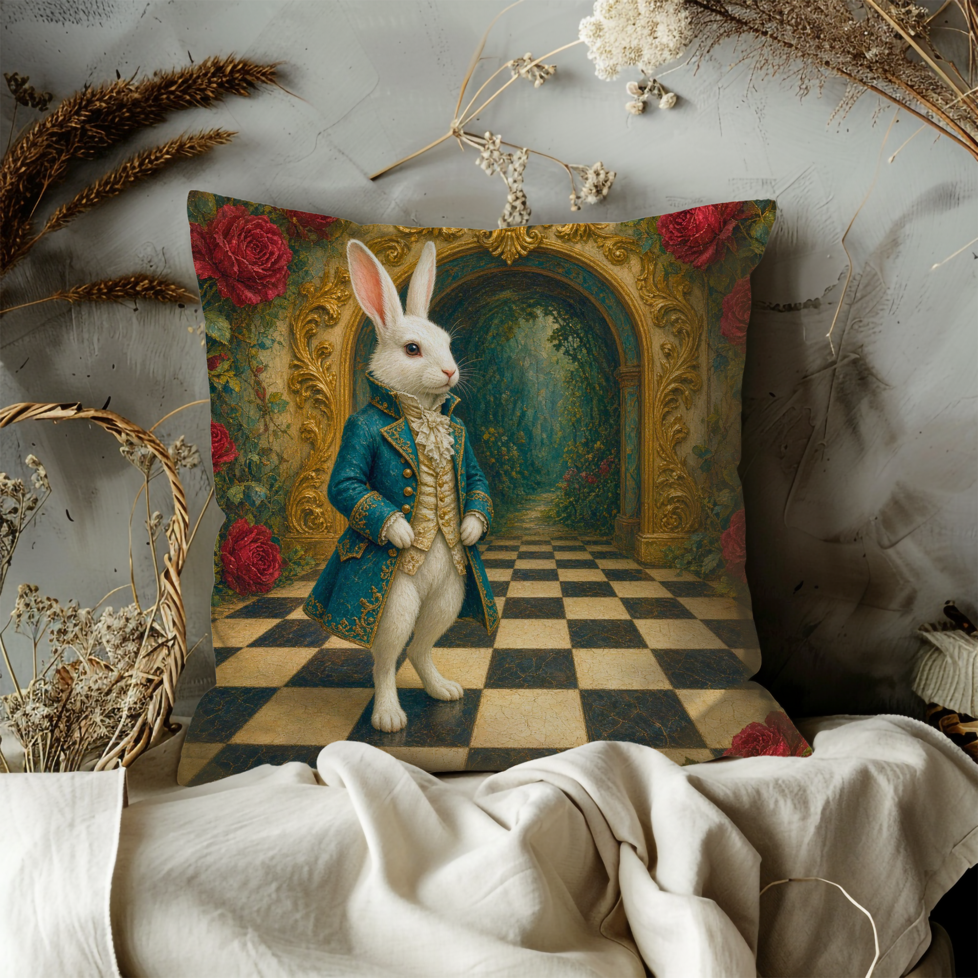 White Rabbit Blue Coat Golden Arch Pillow Cover | Alice in Wonderland Art | Classic Fantasy Decor