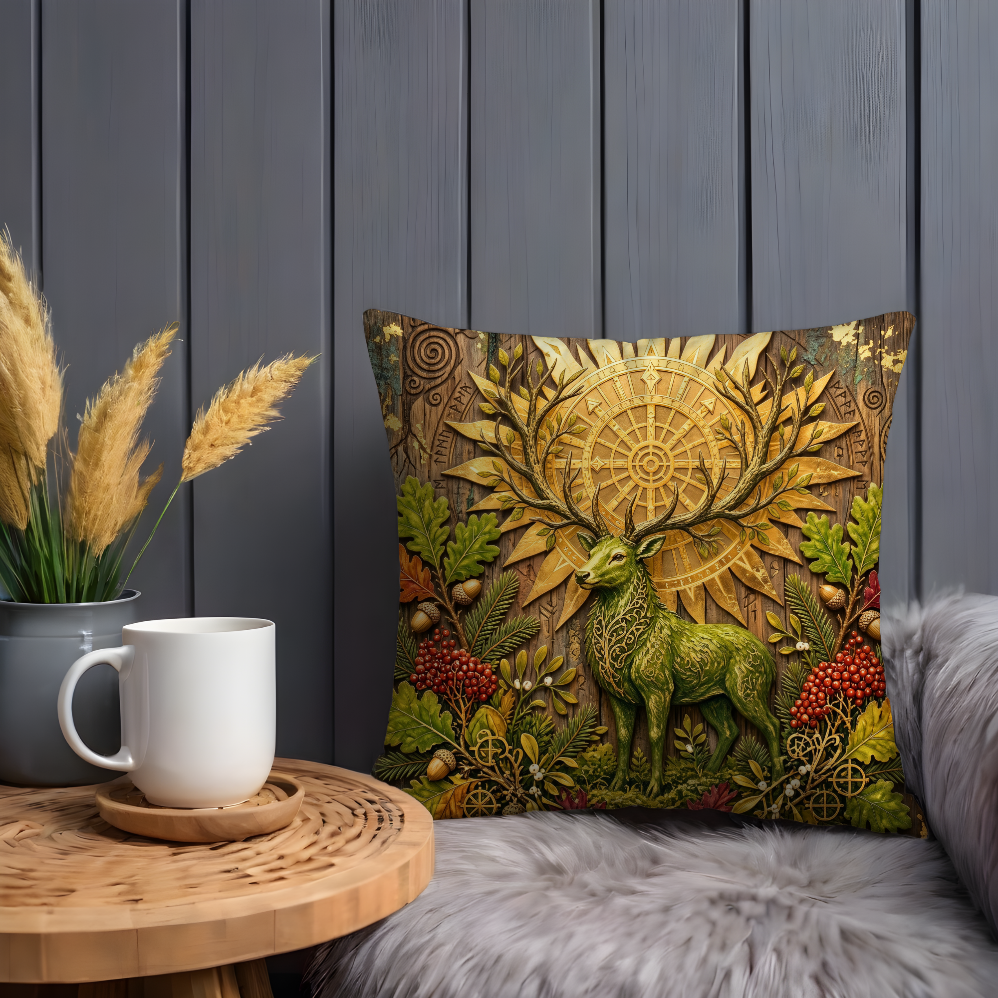 Celtic Green Stag Golden Sun Wheel Pillow Cover | Pagan Oak Art | Sacred Deer Decor