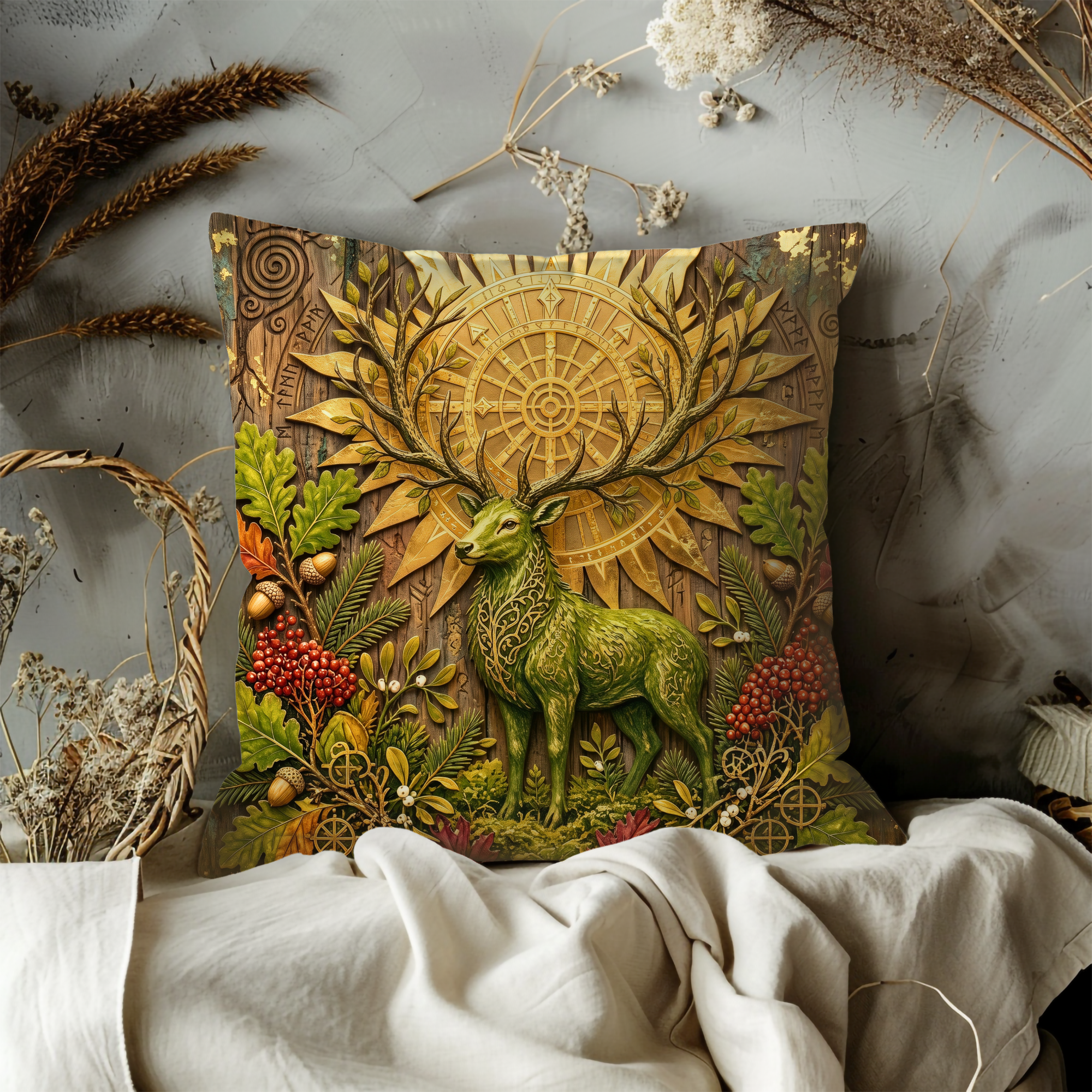 Celtic Green Stag Golden Sun Wheel Pillow Cover | Pagan Oak Art | Sacred Deer Decor