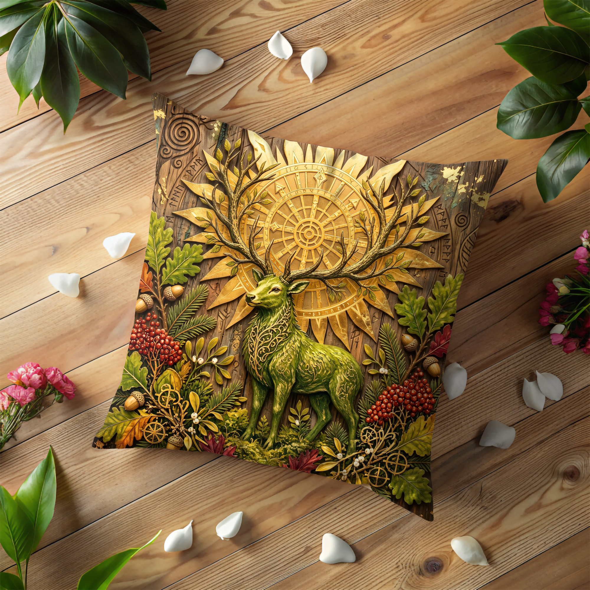 Celtic Green Stag Golden Sun Wheel Pillow Cover | Pagan Oak Art | Sacred Deer Decor