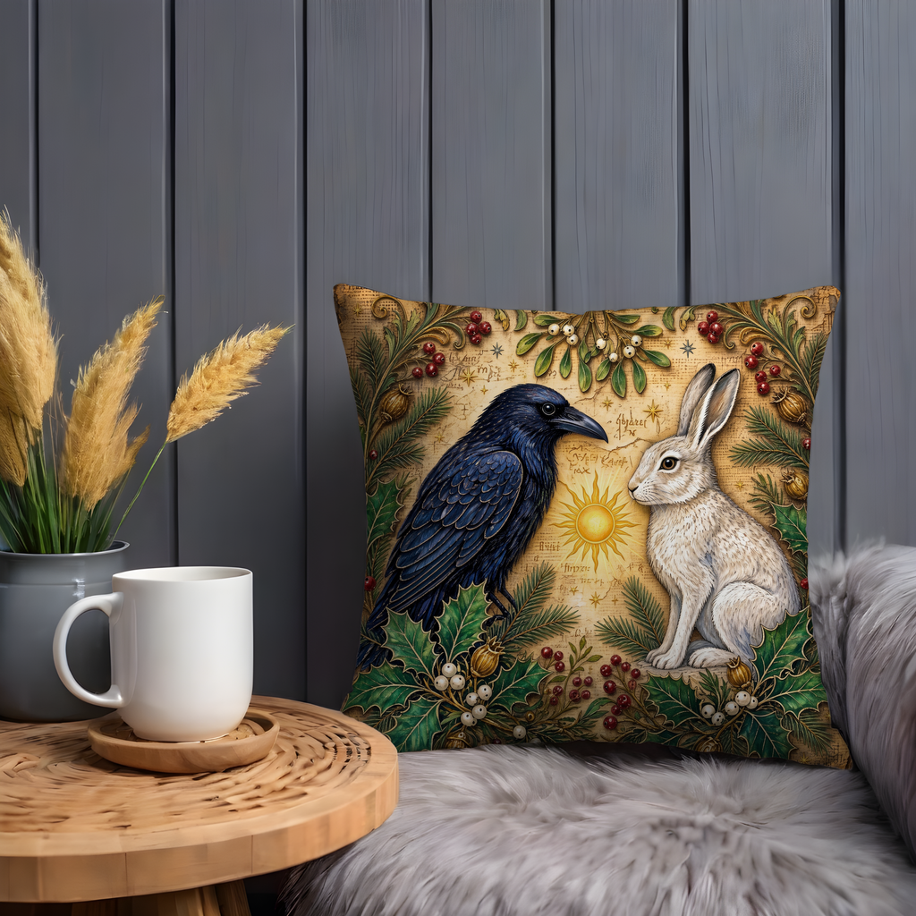 Raven and Hare Golden Sun Holly Pillow Cover | Pagan Yule Art | Celtic Animal Spirits Decor