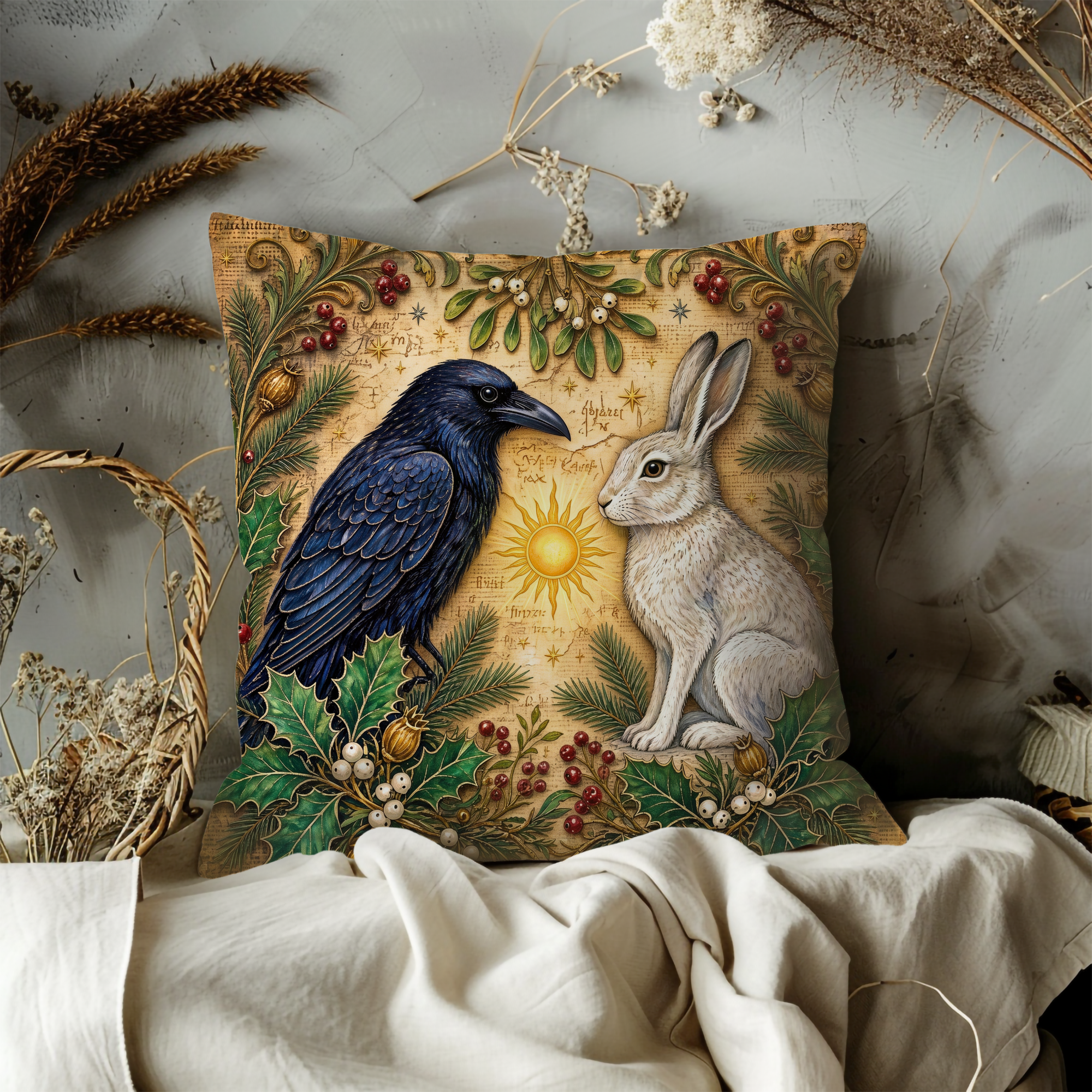 Raven and Hare Golden Sun Holly Pillow Cover | Pagan Yule Art | Celtic Animal Spirits Decor