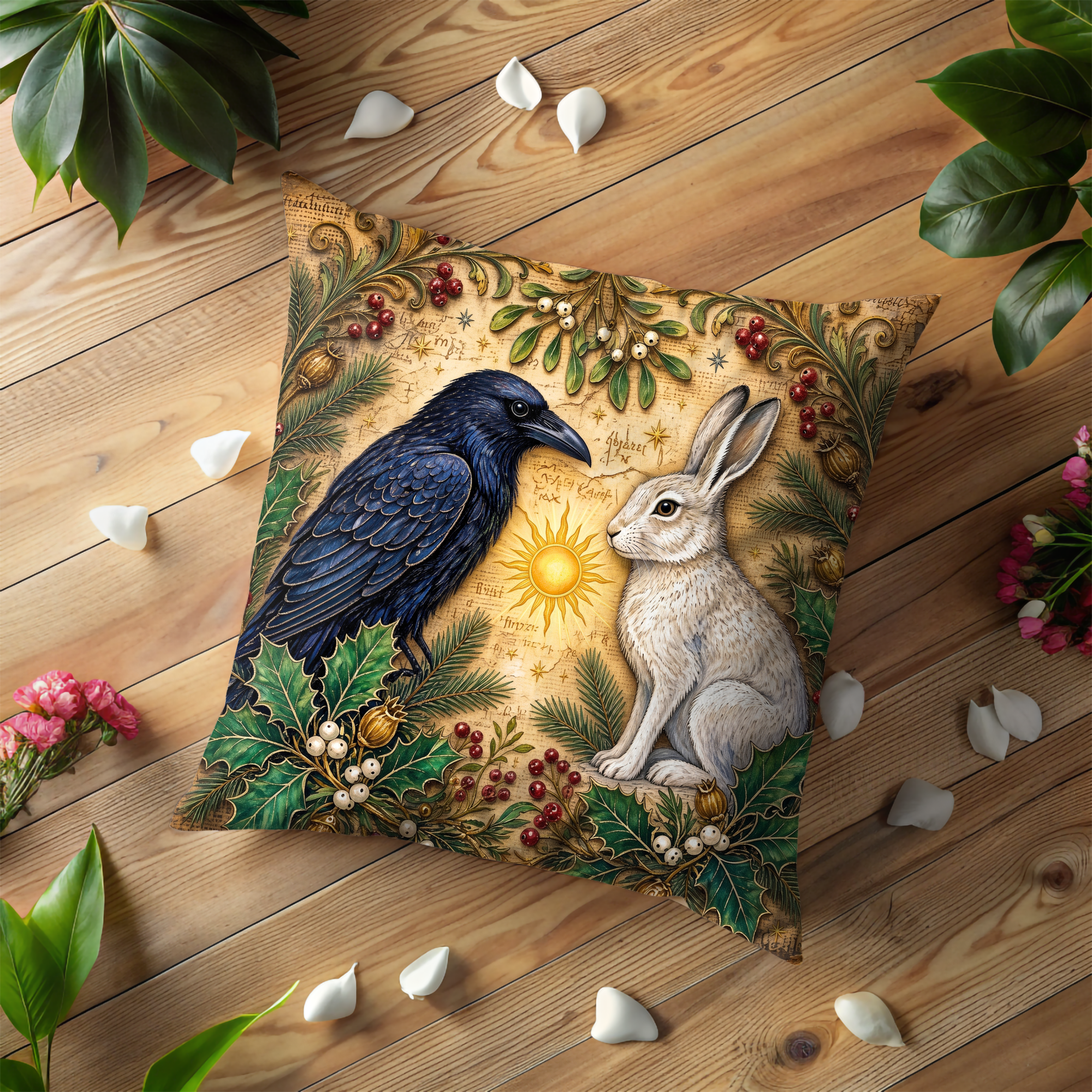 Raven and Hare Golden Sun Holly Pillow Cover | Pagan Yule Art | Celtic Animal Spirits Decor