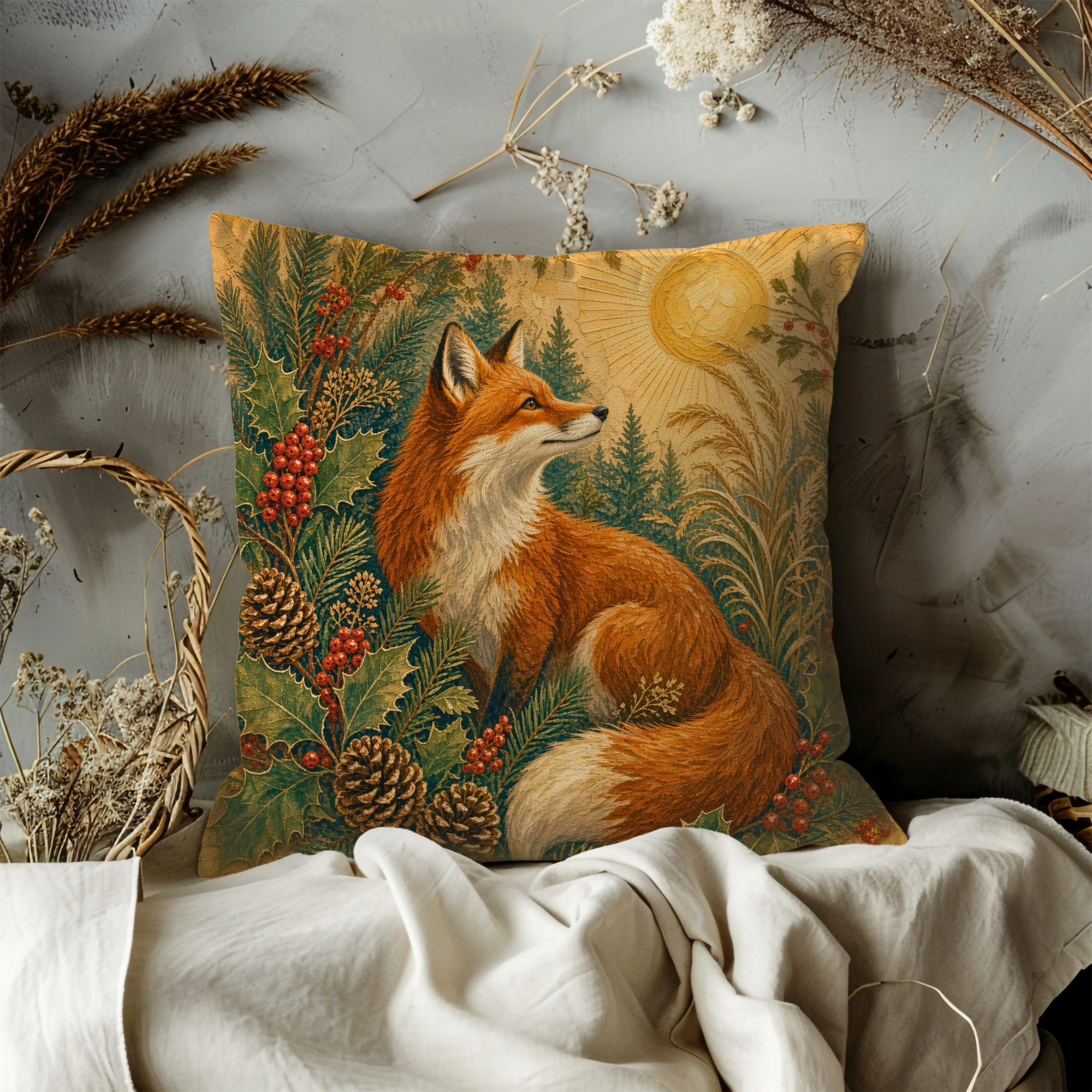 Red Fox Golden Sun Holly Forest Pillow Cover | Pagan Yule Art | Celtic Fox Decor
