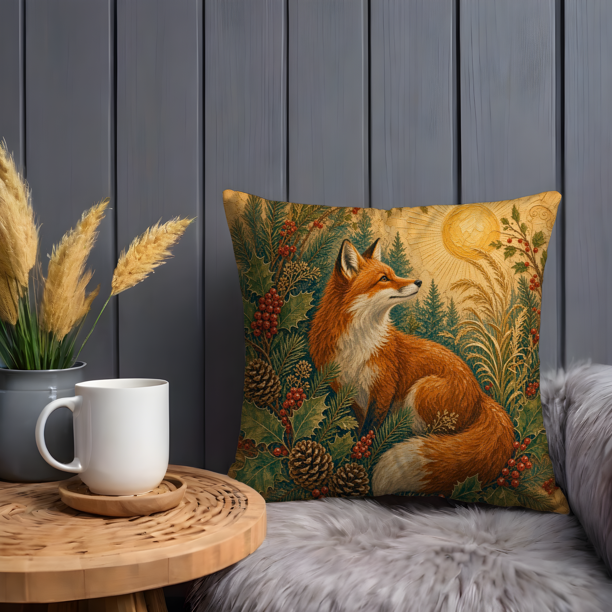 Red Fox Golden Sun Holly Forest Pillow Cover | Pagan Yule Art | Celtic Fox Decor
