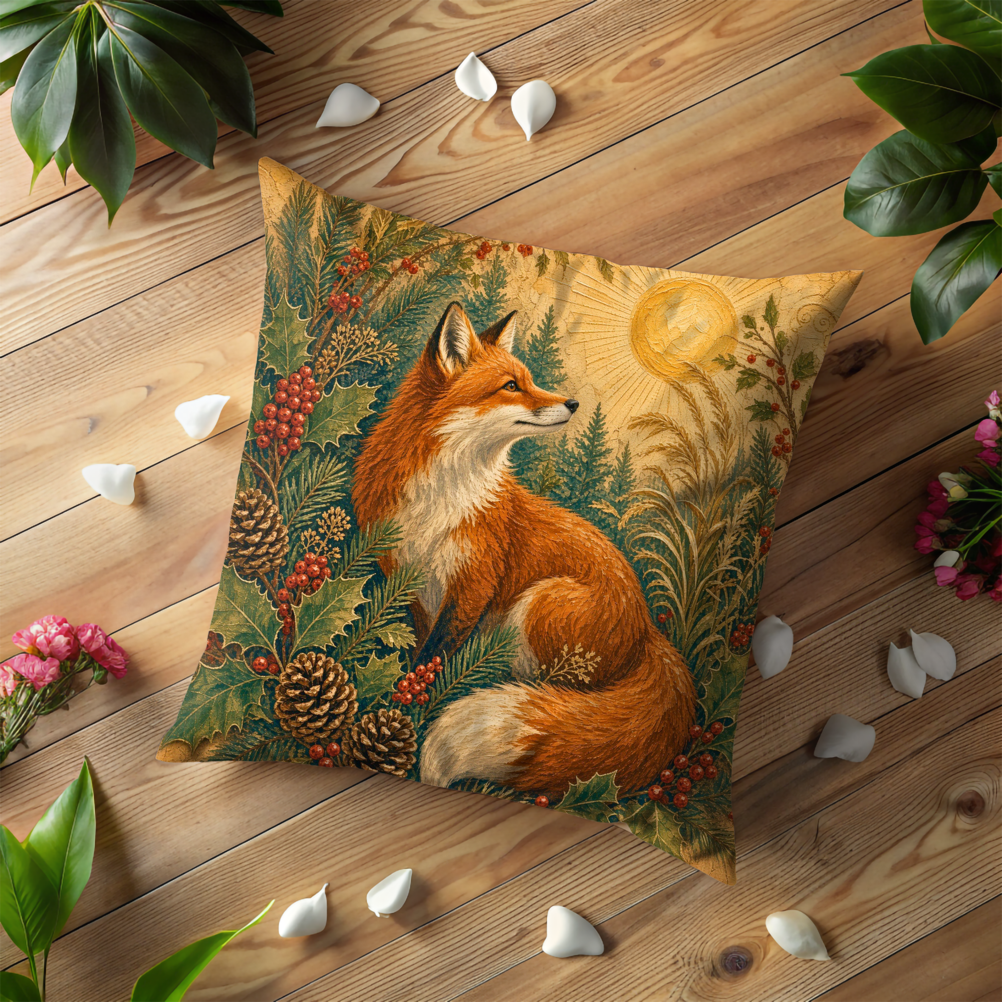 Red Fox Golden Sun Holly Forest Pillow Cover | Pagan Yule Art | Celtic Fox Decor