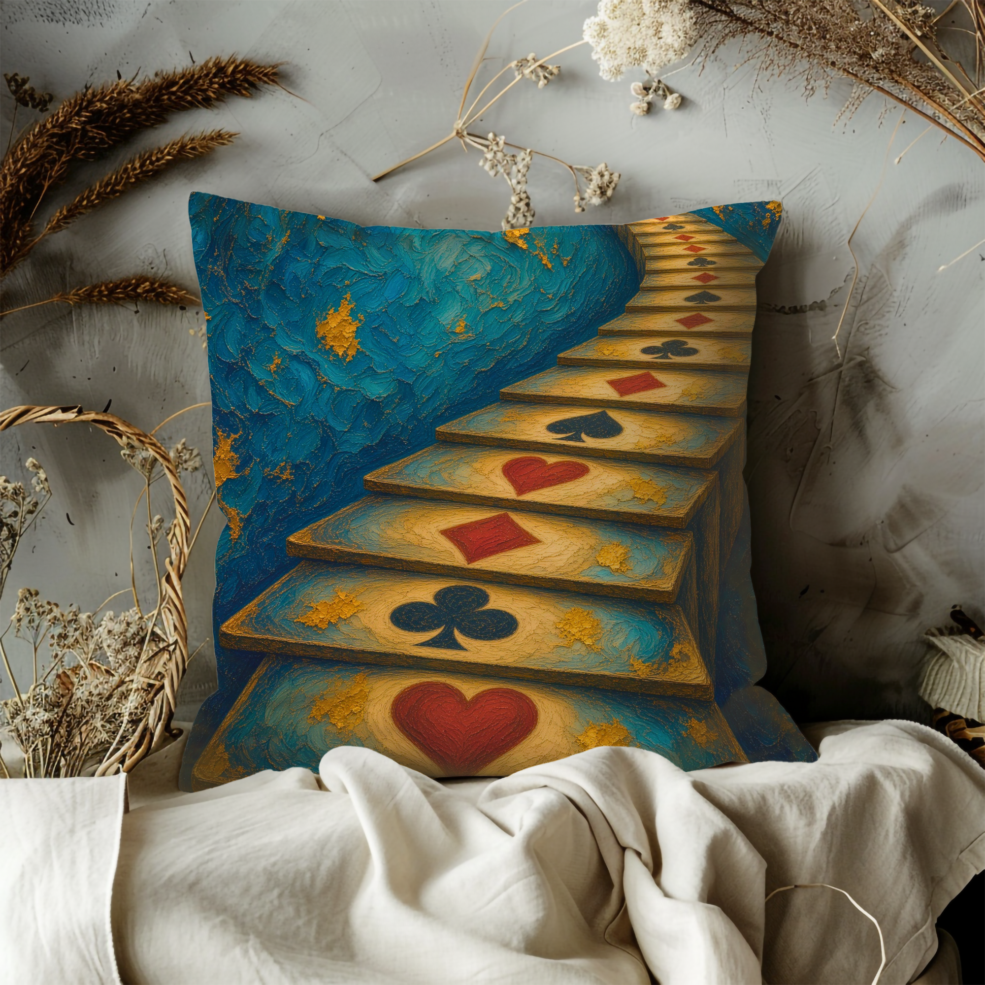 Playing Card Staircase Wonderland Pillow Cover | Alice in Wonderland Art | Fantasy Path Decor