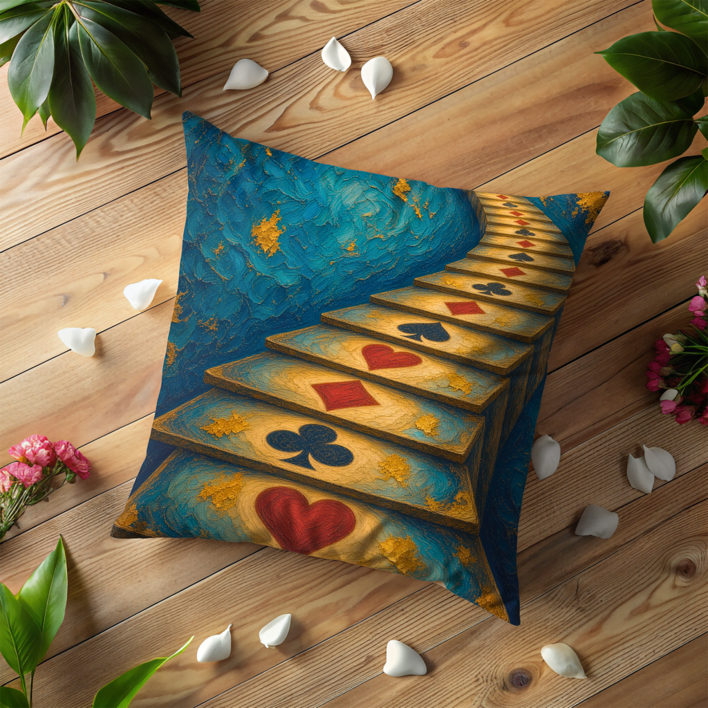 Playing Card Staircase Wonderland Pillow Cover | Alice in Wonderland Art | Fantasy Path Decor