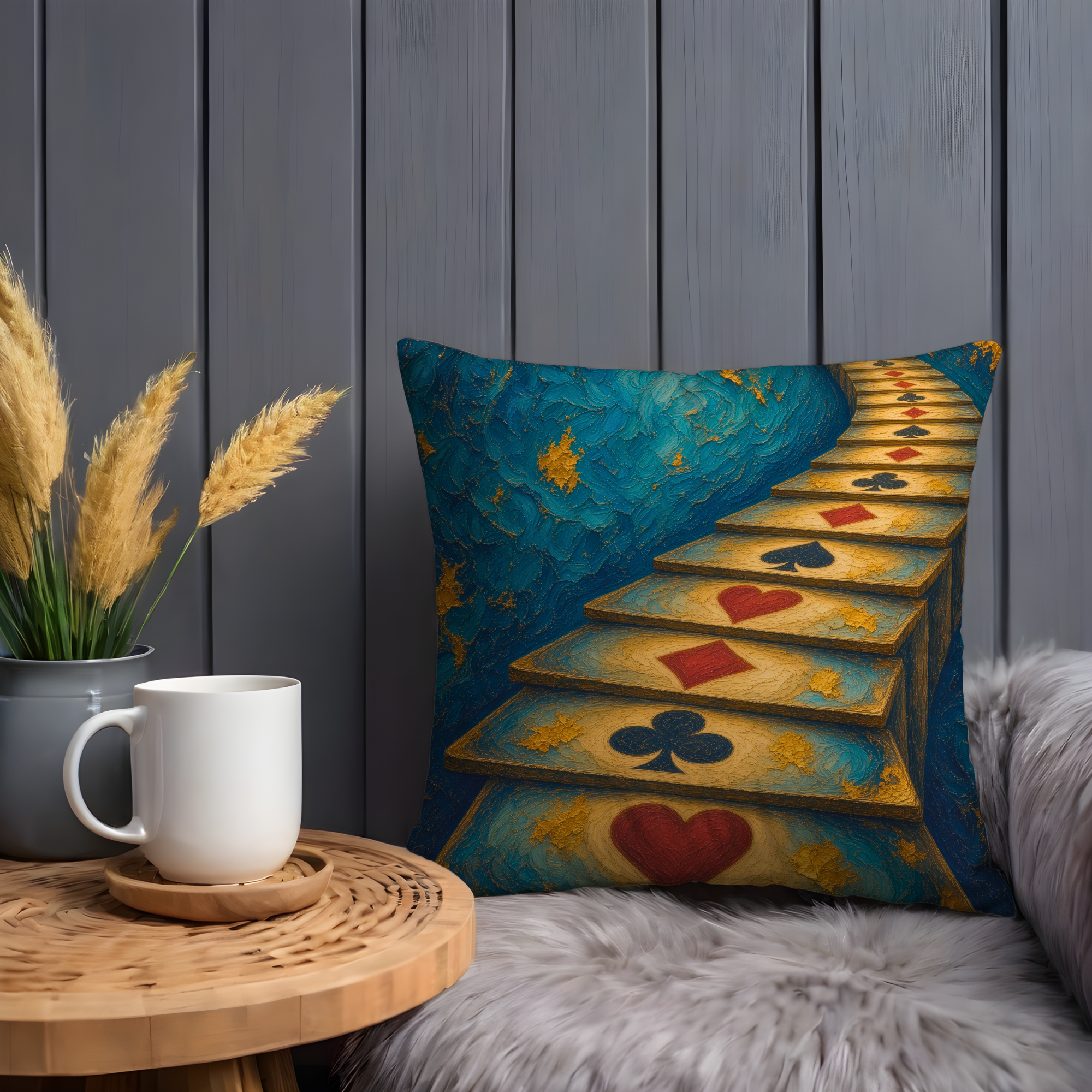 Playing Card Staircase Wonderland Pillow Cover | Alice in Wonderland Art | Fantasy Path Decor