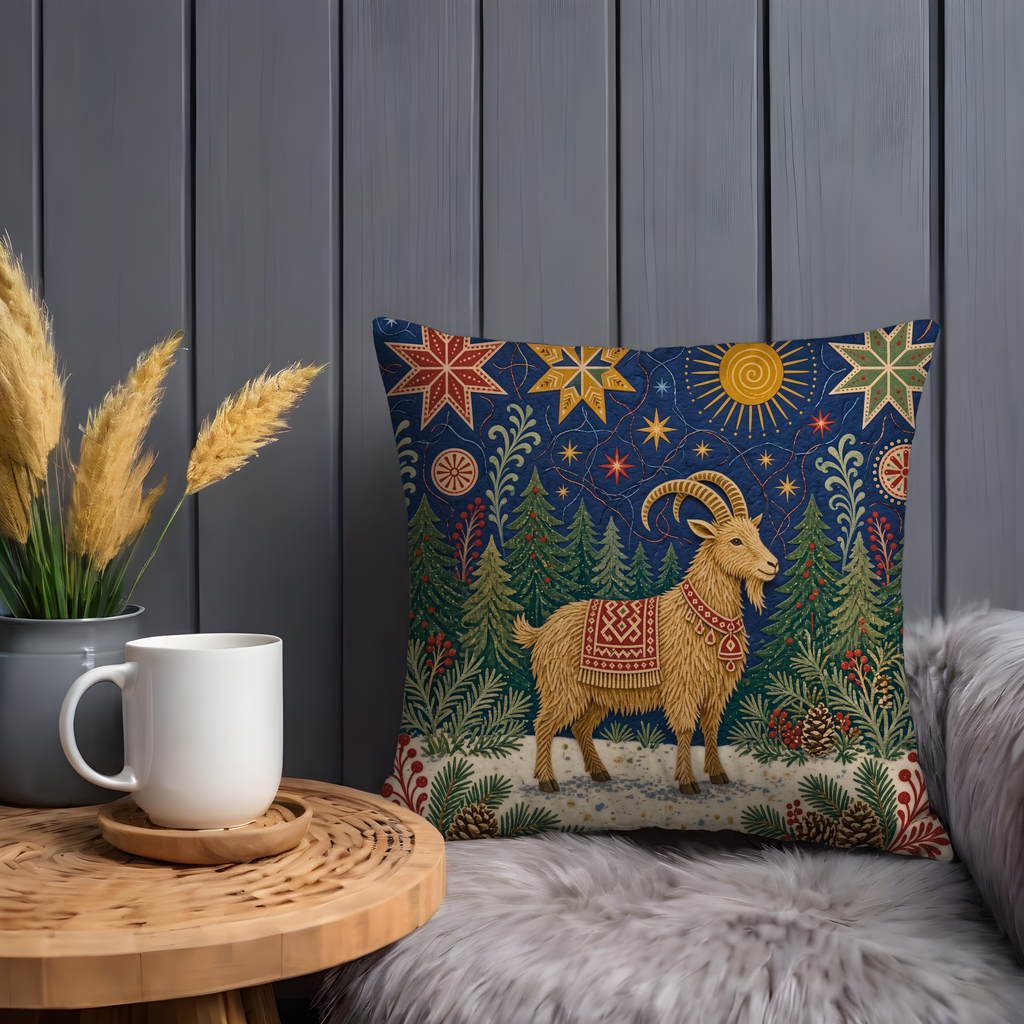 Yule Goat Starry Night Forest Pillow Cover | Pagan Julbock Art | Nordic Winter Decor