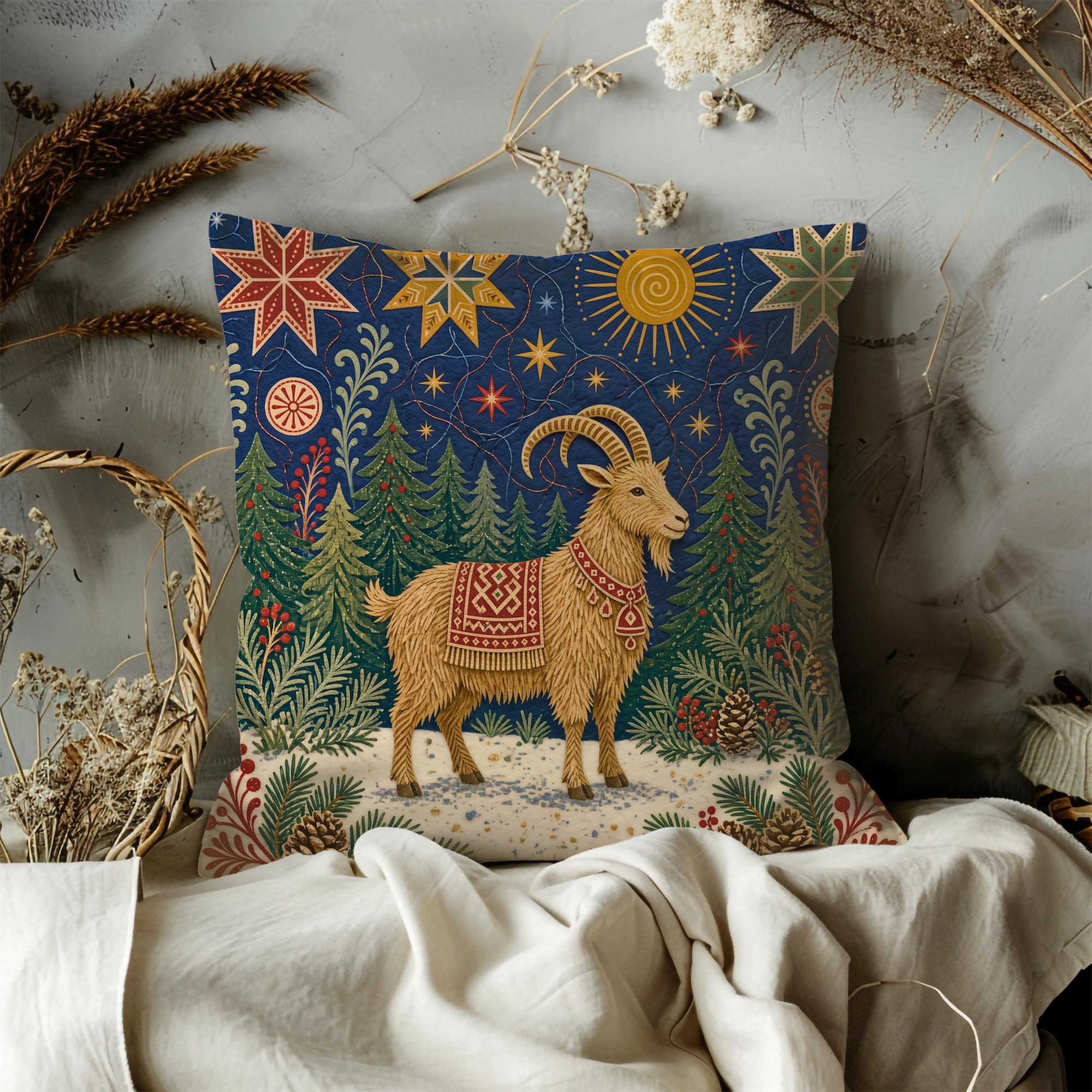 Yule Goat Starry Night Forest Pillow Cover | Pagan Julbock Art | Nordic Winter Decor