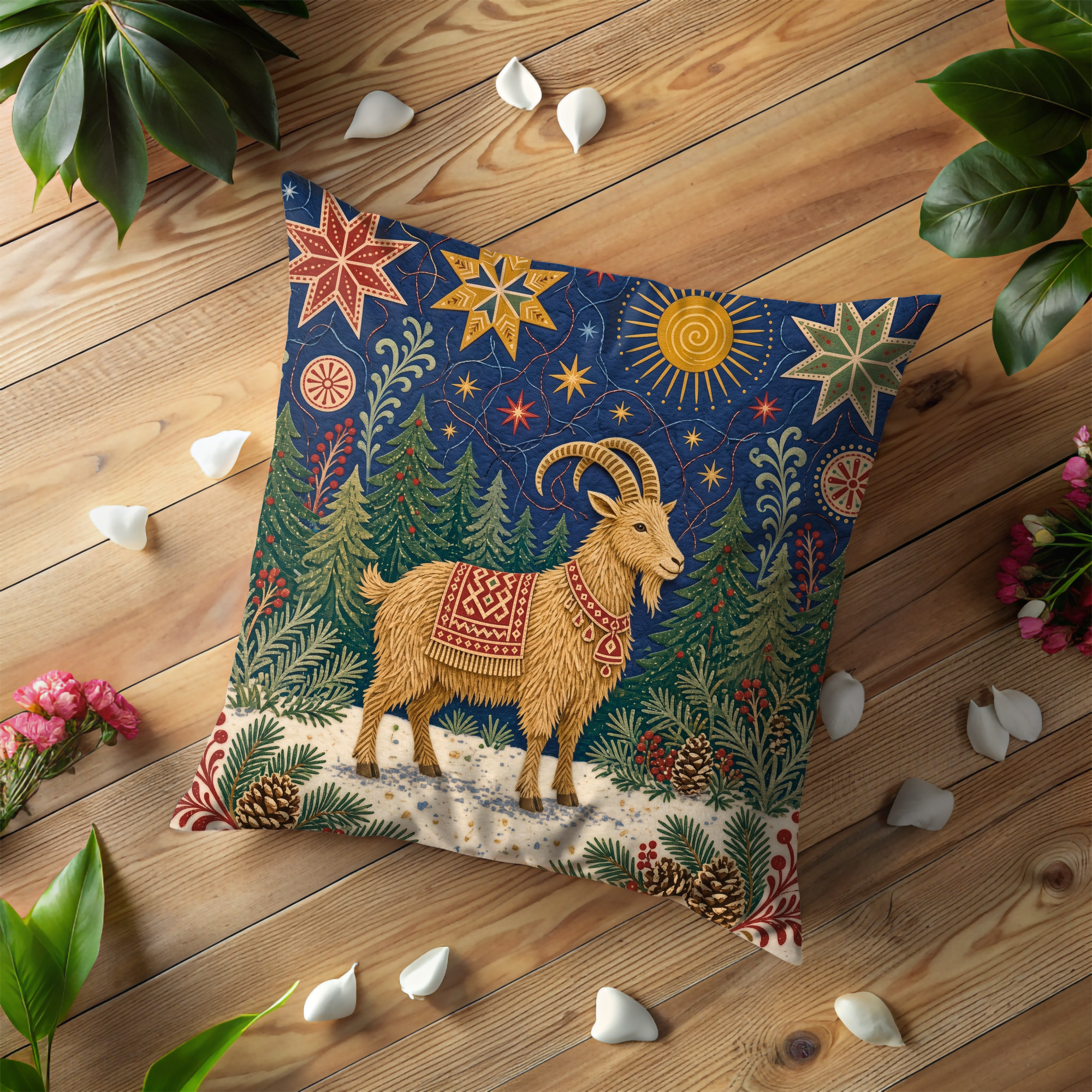 Yule Goat Starry Night Forest Pillow Cover | Pagan Julbock Art | Nordic Winter Decor