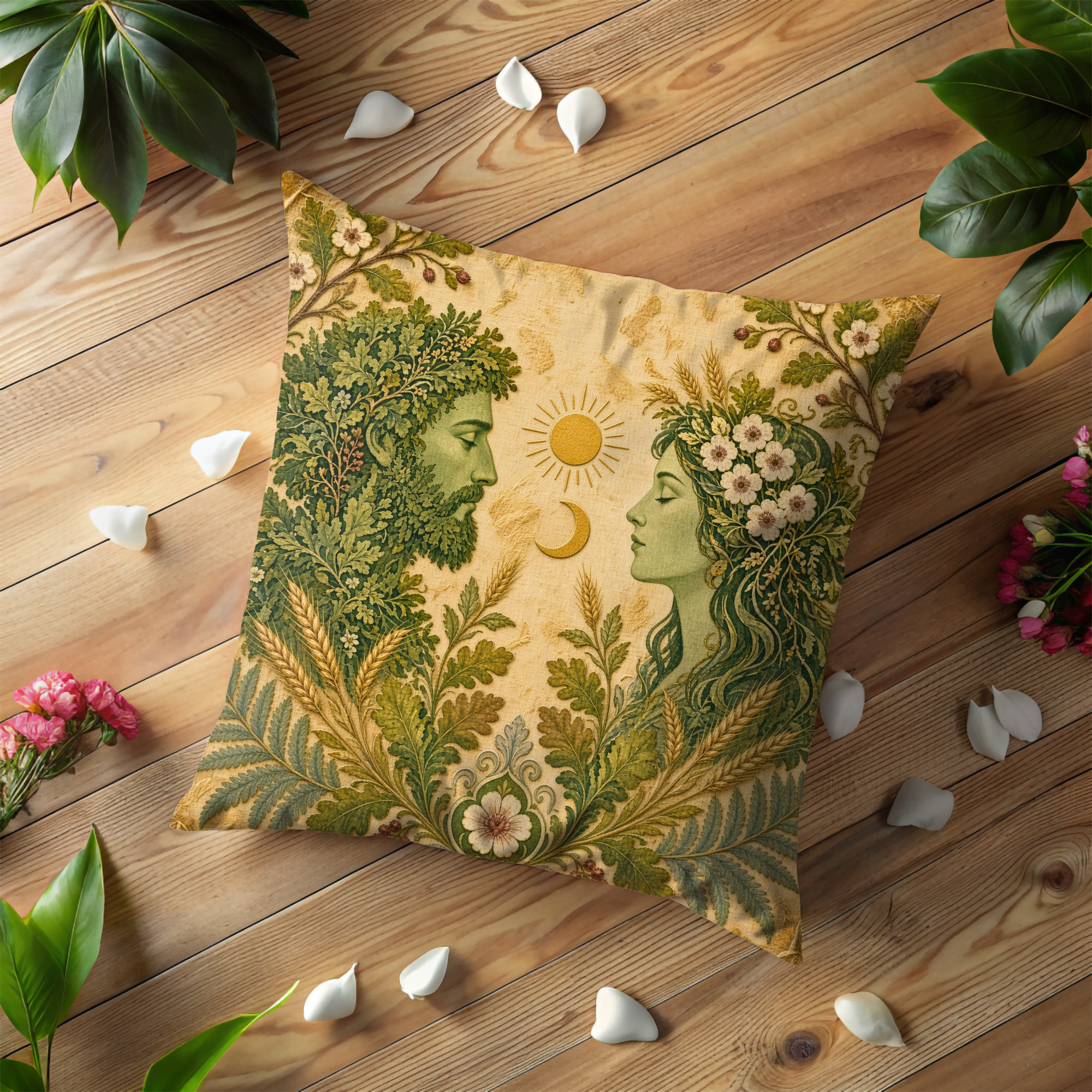 Green Man and Nature Goddess Sun Moon Pillow Cover | Pagan Sacred Pair Art | Celtic Earth Spirits Decor