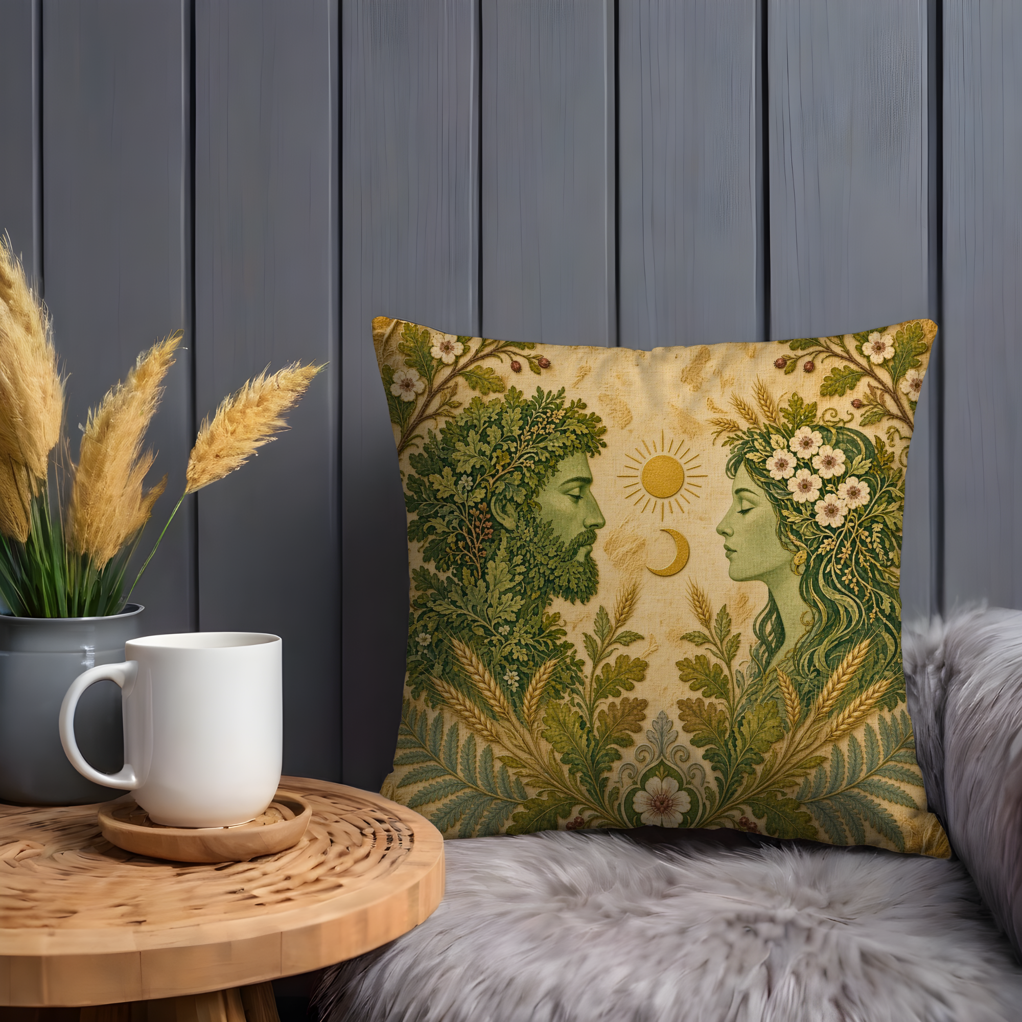 Green Man and Nature Goddess Sun Moon Pillow Cover | Pagan Sacred Pair Art | Celtic Earth Spirits Decor