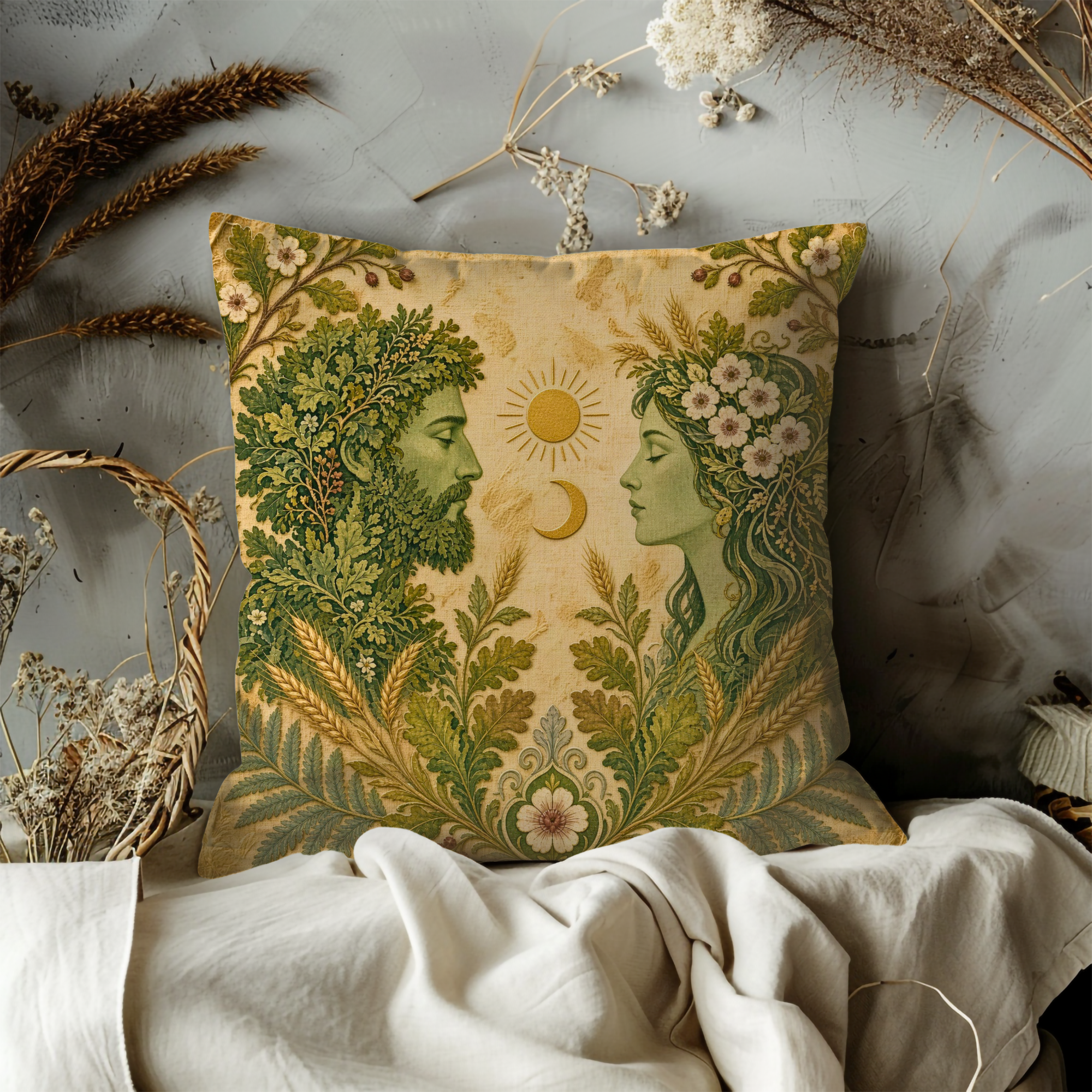 Green Man and Nature Goddess Sun Moon Pillow Cover | Pagan Sacred Pair Art | Celtic Earth Spirits Decor