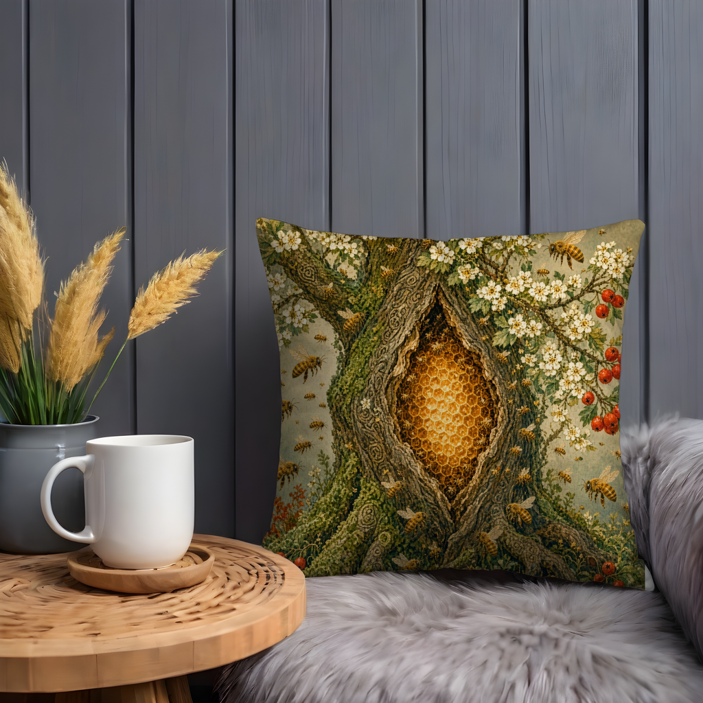 Sacred Tree Honeycomb Bees Blossoms Pillow Cover | Pagan Nature Art | Mystical Hive Decor