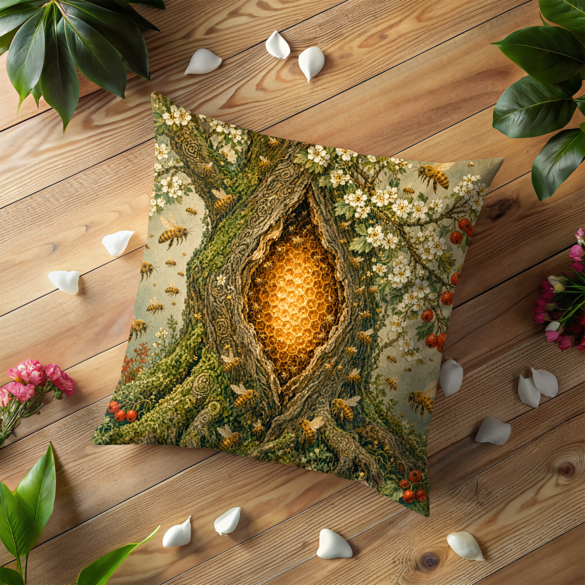 Sacred Tree Honeycomb Bees Blossoms Pillow Cover | Pagan Nature Art | Mystical Hive Decor