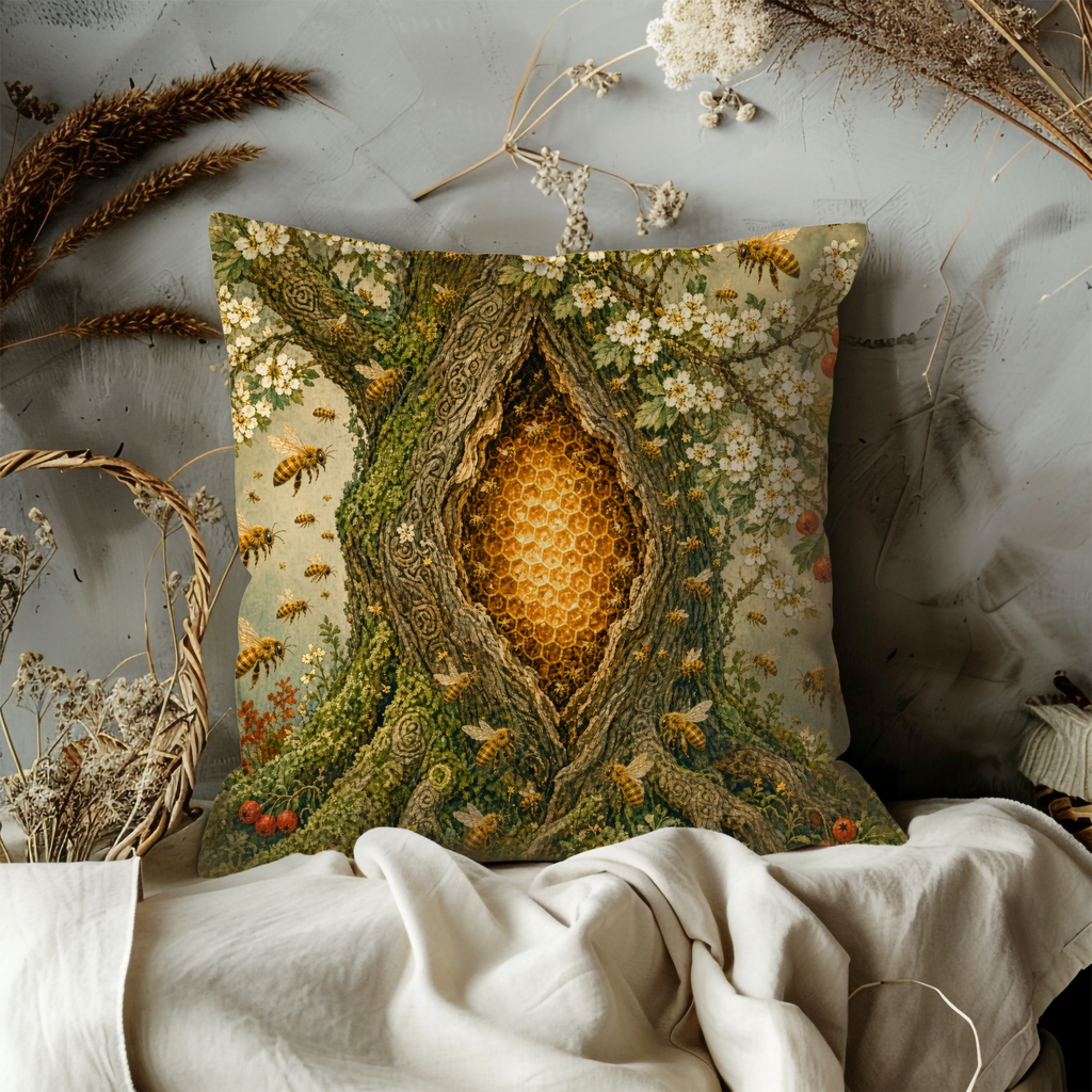 Sacred Tree Honeycomb Bees Blossoms Pillow Cover | Pagan Nature Art | Mystical Hive Decor