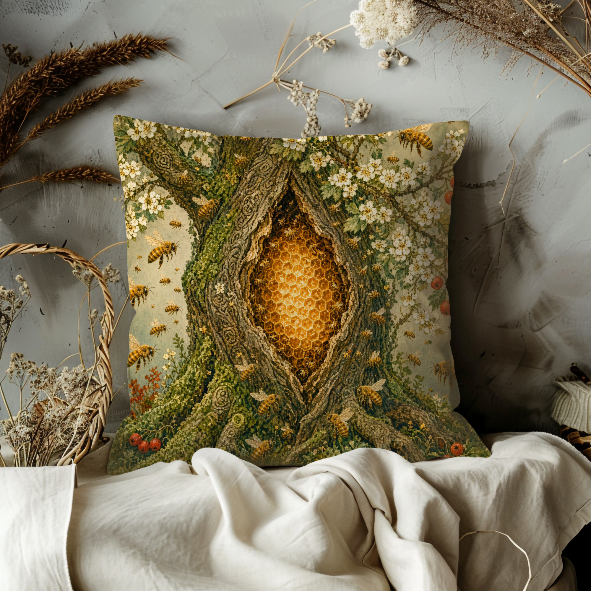 Sacred Tree Honeycomb Bees Blossoms Pillow Cover | Pagan Nature Art | Mystical Hive Decor