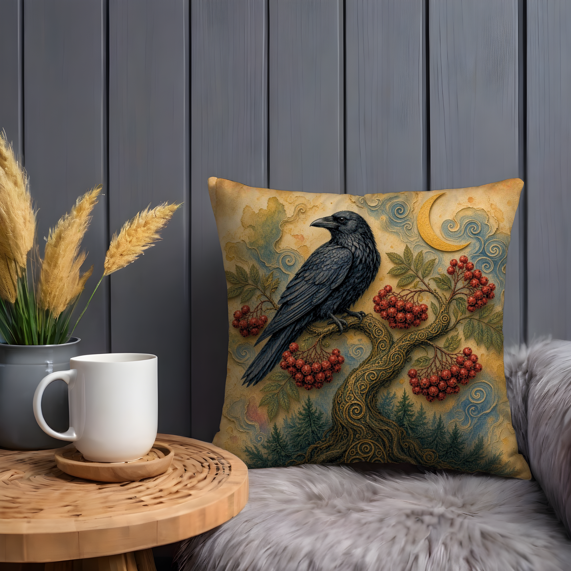 Raven Rowan Berries Crescent Moon Pillow Cover | Pagan Celtic Art | Sacred Raven Decor