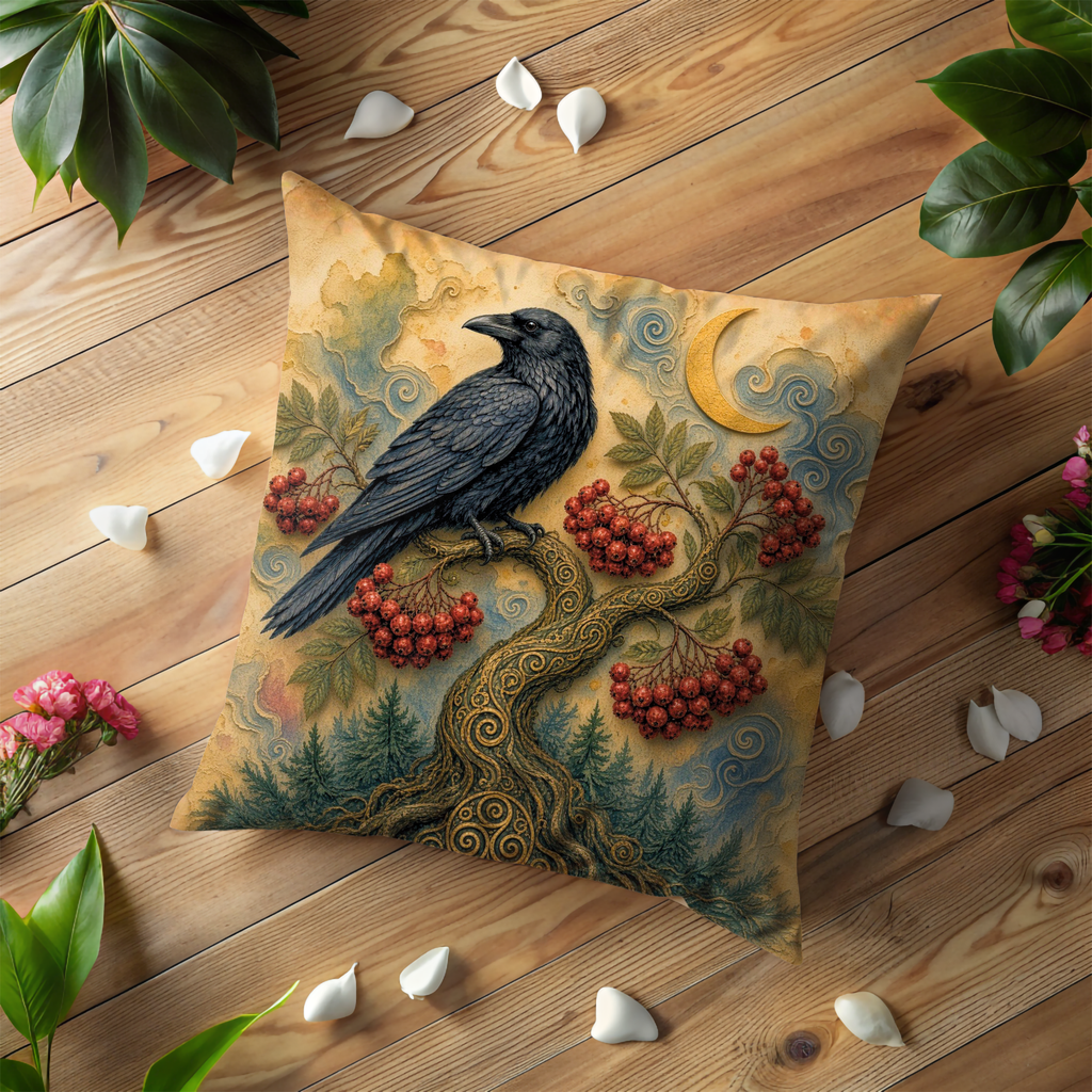 Raven Rowan Berries Crescent Moon Pillow Cover | Pagan Celtic Art | Sacred Raven Decor