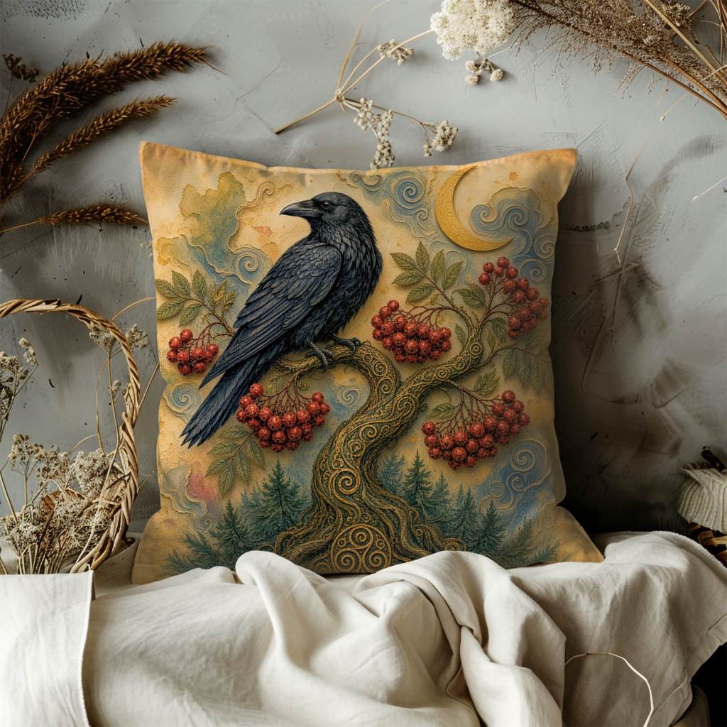 Raven Rowan Berries Crescent Moon Pillow Cover | Pagan Celtic Art | Sacred Raven Decor