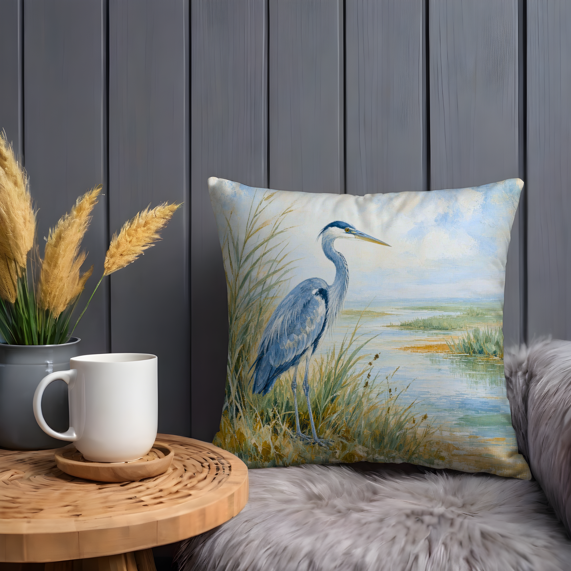 Blue Heron Marsh Landscape Soft Sky Pillow Cover | Classic Wildlife Art | Serene Water Decor