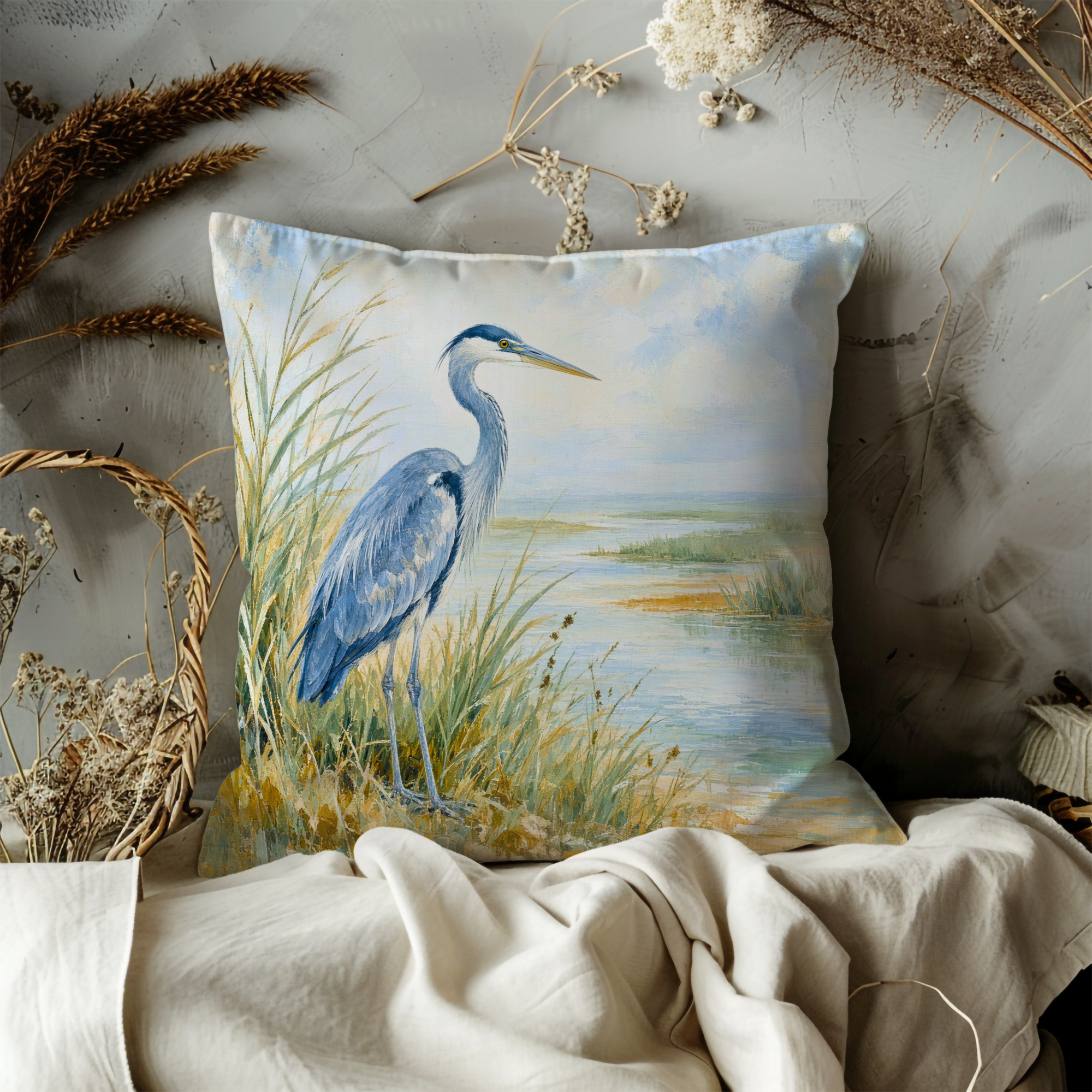 Blue Heron Marsh Landscape Soft Sky Pillow Cover | Classic Wildlife Art | Serene Water Decor