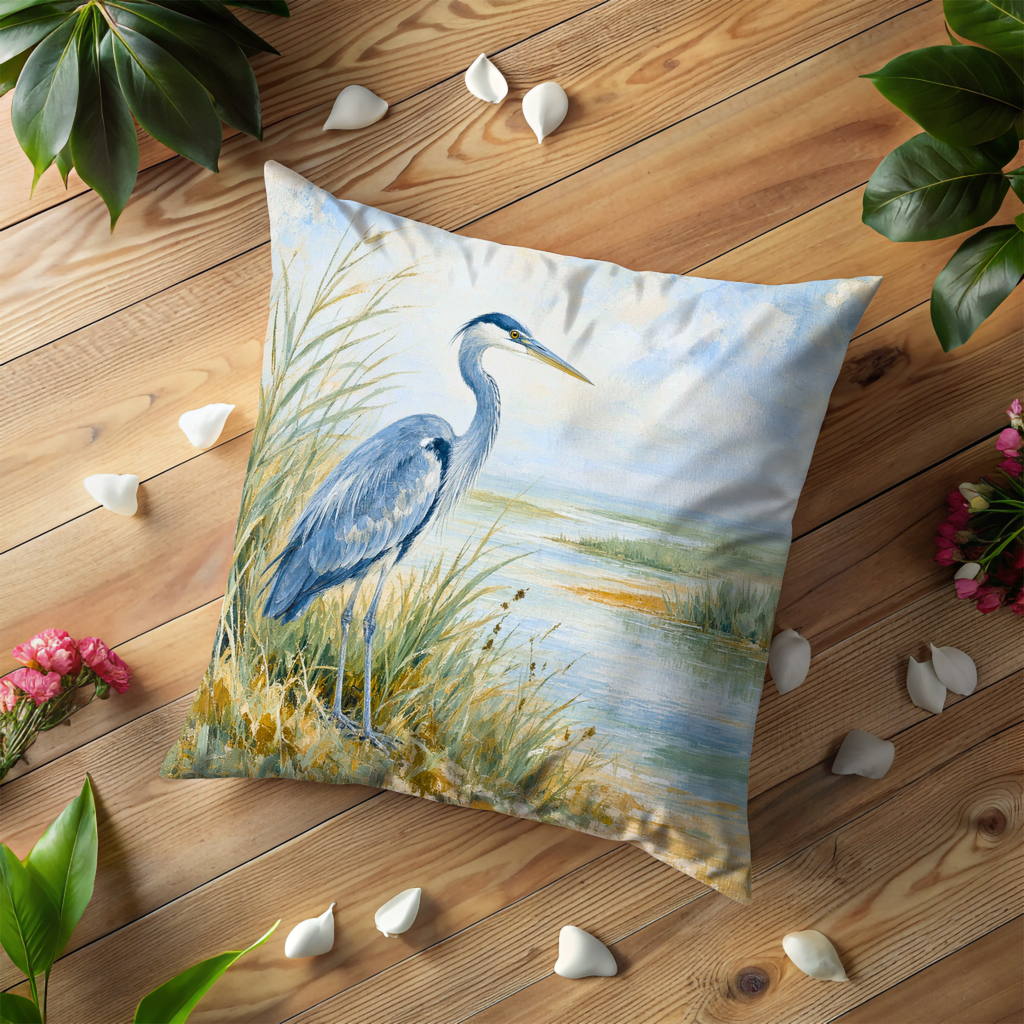 Blue Heron Marsh Landscape Soft Sky Pillow Cover | Classic Wildlife Art | Serene Water Decor