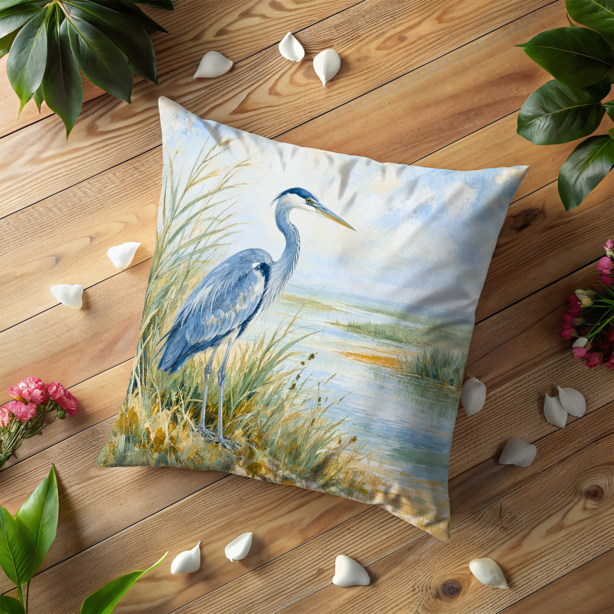 Blue Heron Marsh Landscape Soft Sky Pillow Cover | Classic Wildlife Art | Serene Water Decor
